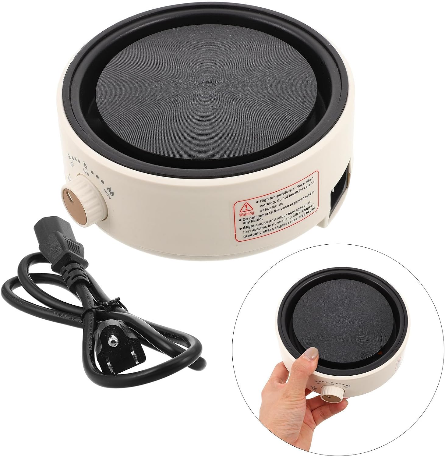 Portable Electric Heating Plate 500w with Detachable Power Cord for Tea Kettles and Ceramic Mugs, Compact White Hotplate for Rv Camping and Small Household Spaces