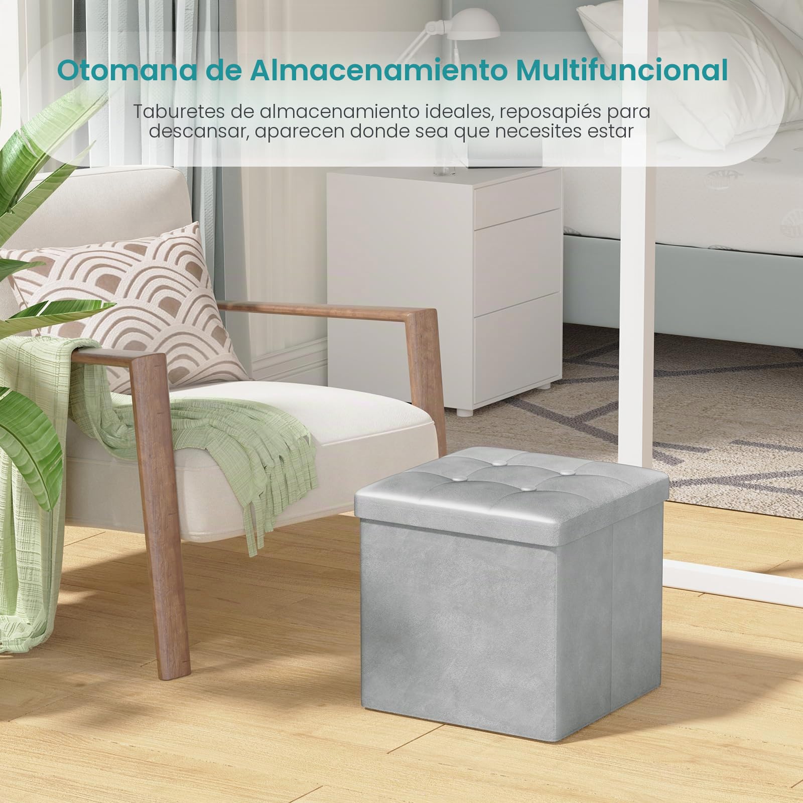 Oak & Tea Folding Storage Ottoman Seat, Folding Stool with Storage, Shoe Changing Stool, Storage Boxes with Lid, for Bedroom Living Room, Light Grey,38x38x38cm