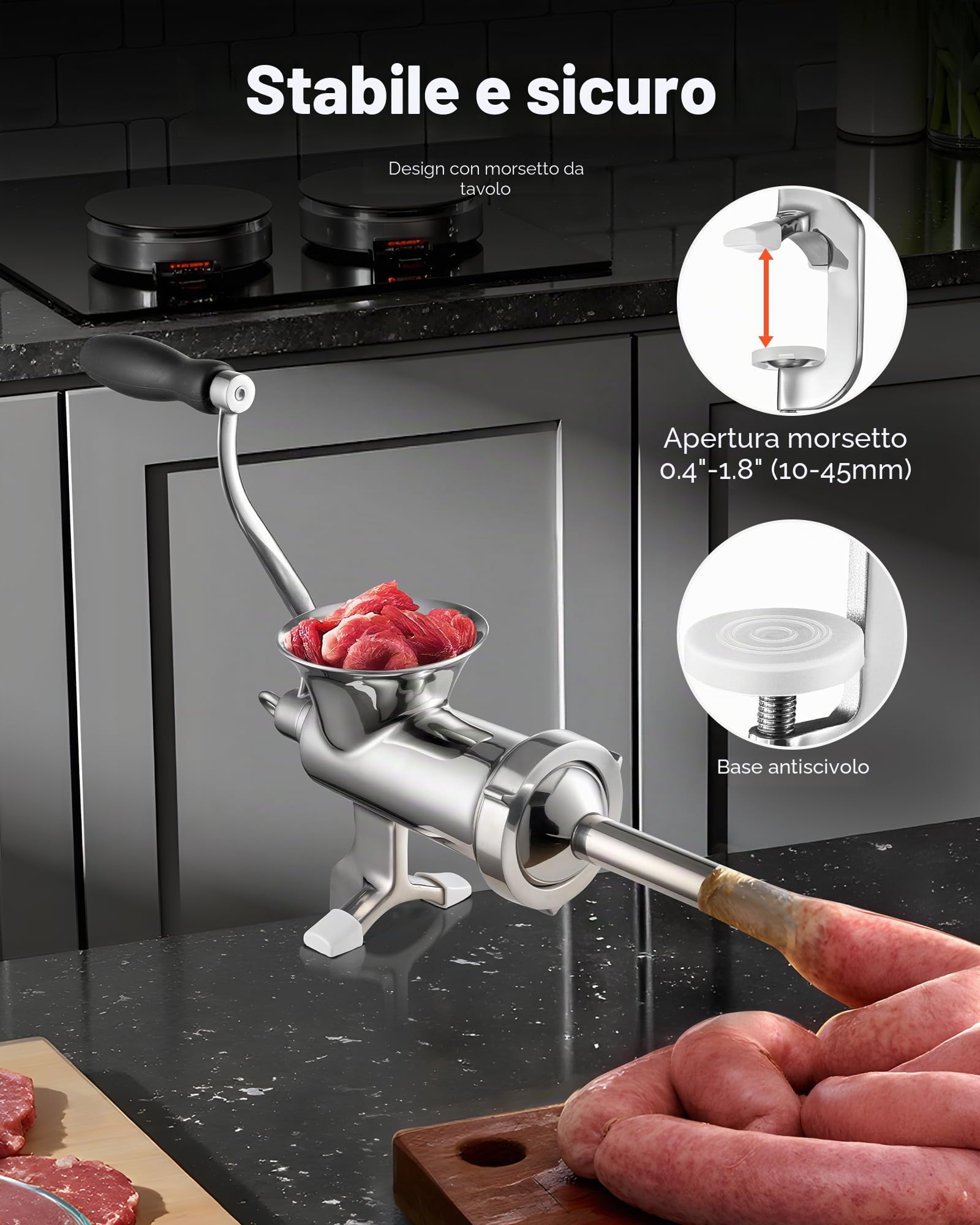 VEVOR Tritacarne Manuale in Acciaio Inossidabile 304 Fissaggio a Morsetto da Tavolo per Preparazione di Salsicce Salumi Polpette, Tritacarne Manuale da Tavolo Acciaio Inox Uso Alimentare Calibro #12