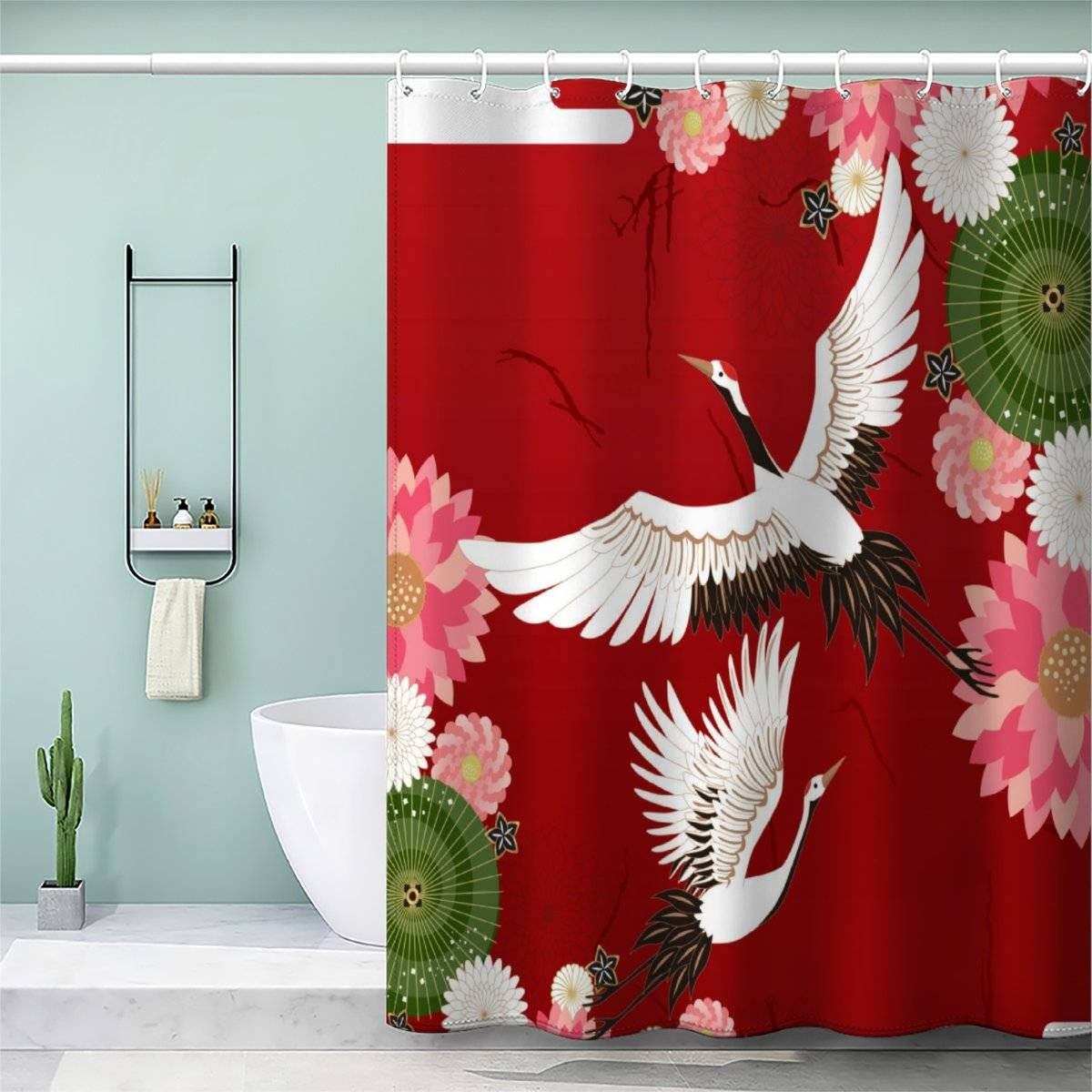 VASENA 3d Shower Curtain Japanese Style Red Japanese Crane Bathroom Curtain Anti Mould Waterproof Personalized Funky Shower Curtain with Weighted Hem with Hooks 200x200 cm