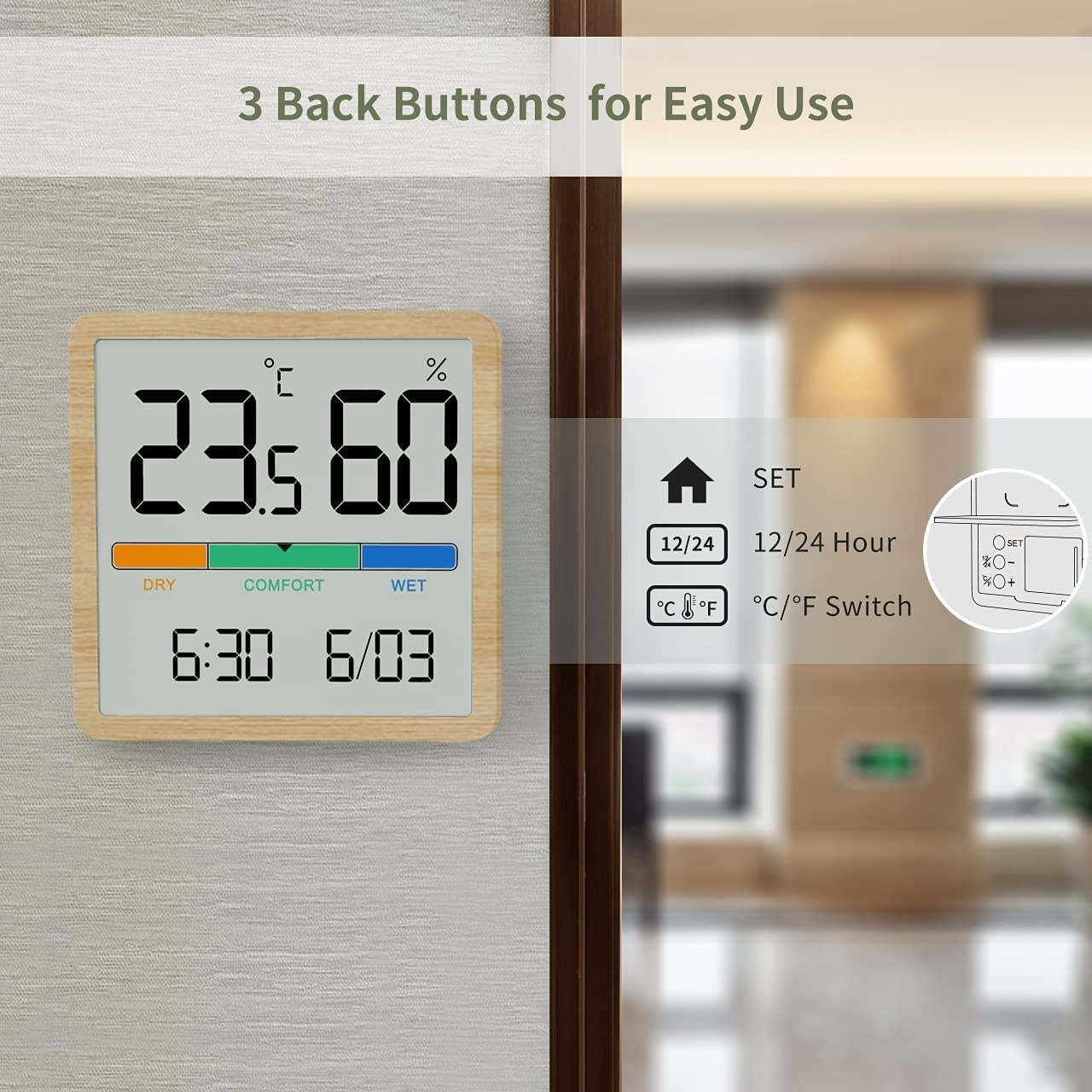 JFDBGU Reloj Digital LCD, medidor de Humedad, termómetro Interior, higrómetro, hogar, Oficina, Mesa de Escritorio, medidor de Temperatura y Humedad(3-Pack)