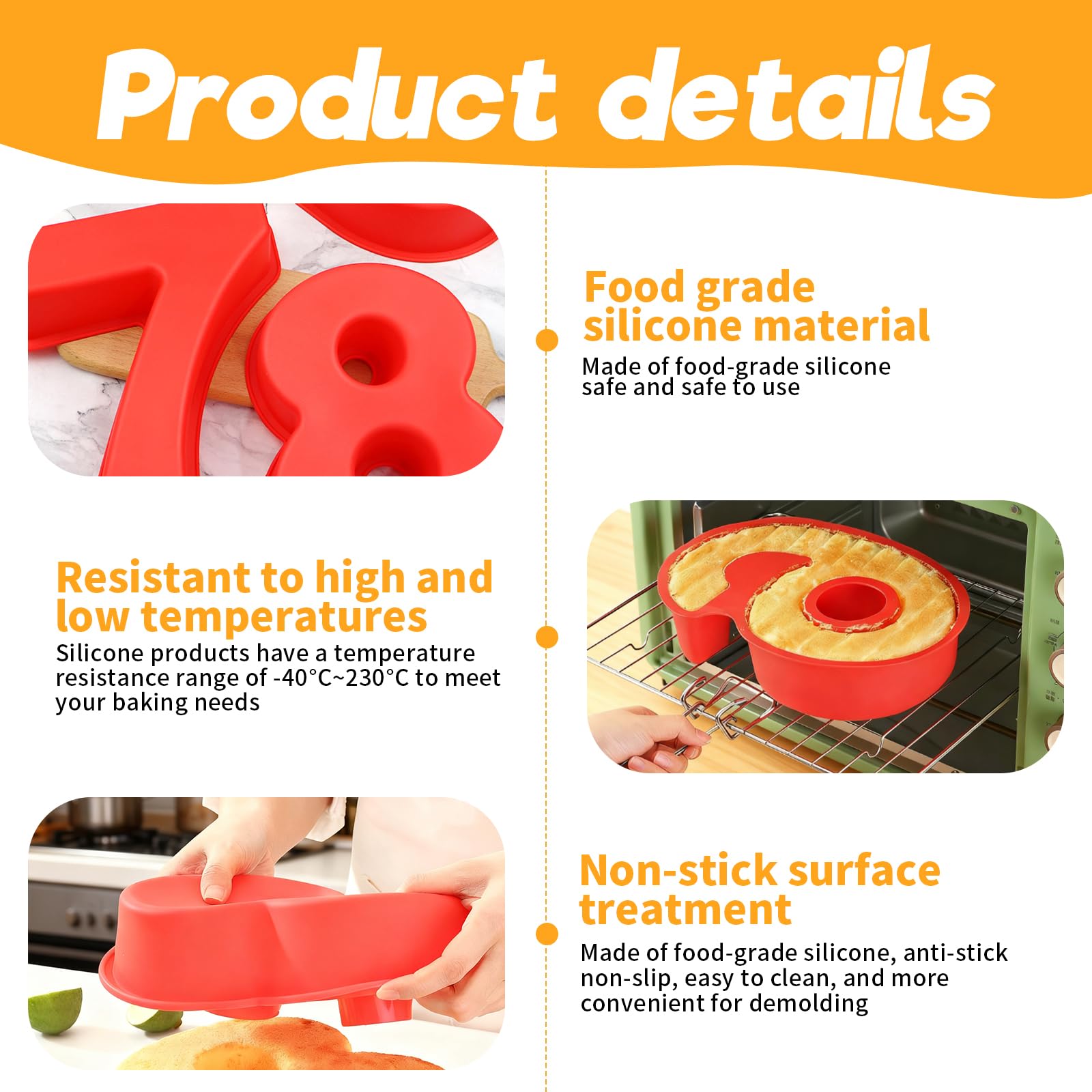 Moule à gâteau en forme de chiffre de 0 à 8 - Grande taille - 25,4 cm - Avec 6 douilles en silicone - Antiadhésif - Rouge
