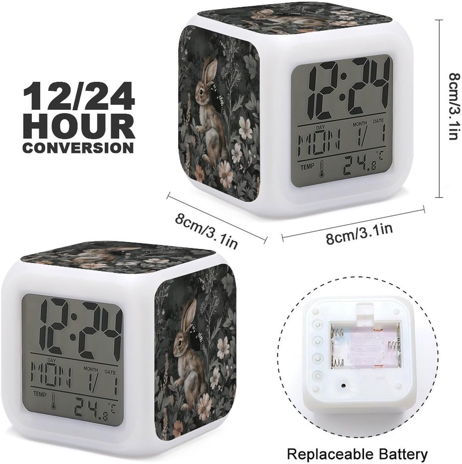 Flowers and Rabbit Alarm Clock NightLight Alarm Clock with 7 Color Changing Night Light Smart Digital Clocks Temperature Date for Heavy Sleepers Simple Operation Easy to Use image 3