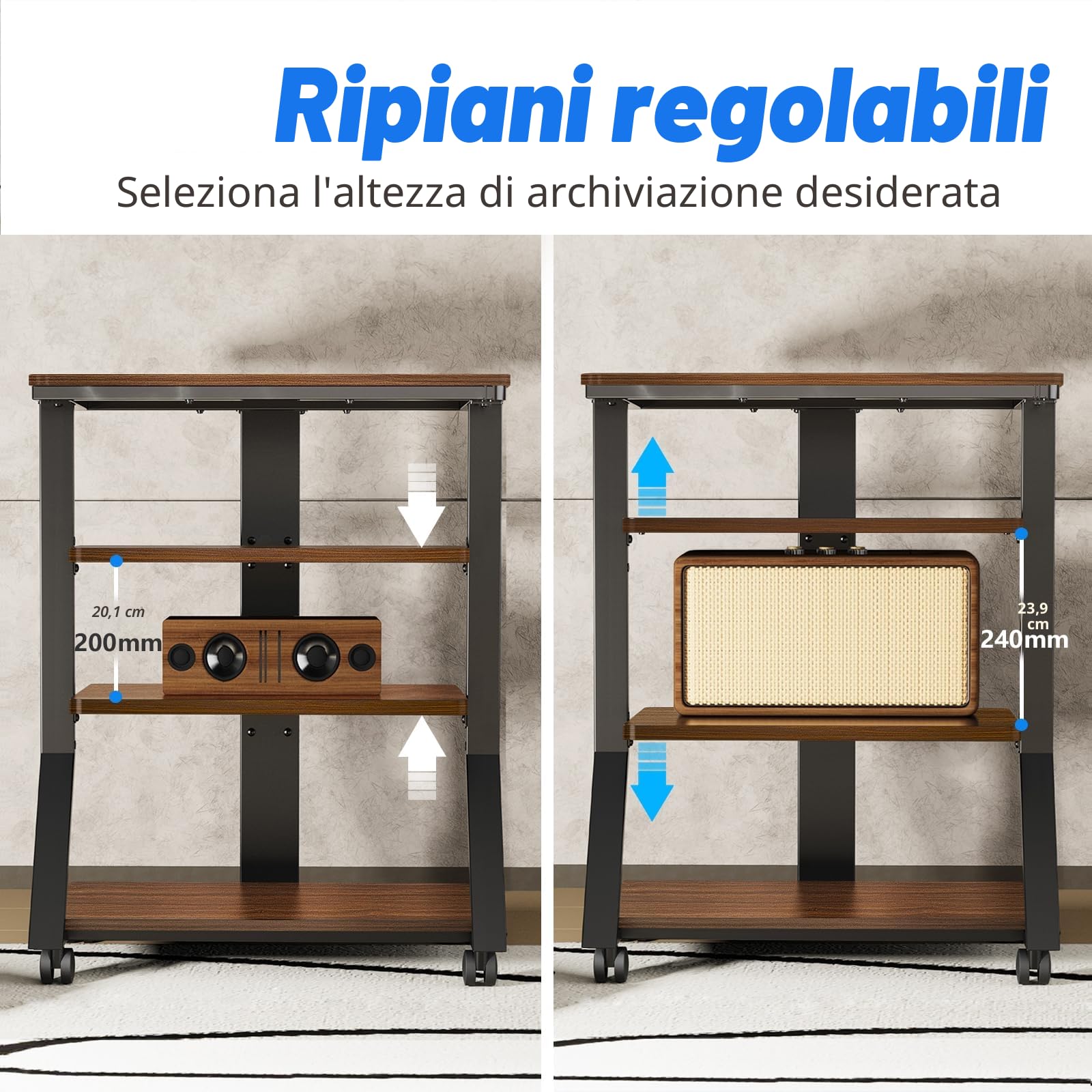 5Rcom Rack e supporti HiFi Audio Rack Armadio AV Mensola Movimento Stand 4 Ripiani in legno per Giradischi Lettore DVD Unità di intrattenimento Multifunzionale Altezza Regolabile Capacità di carico 54