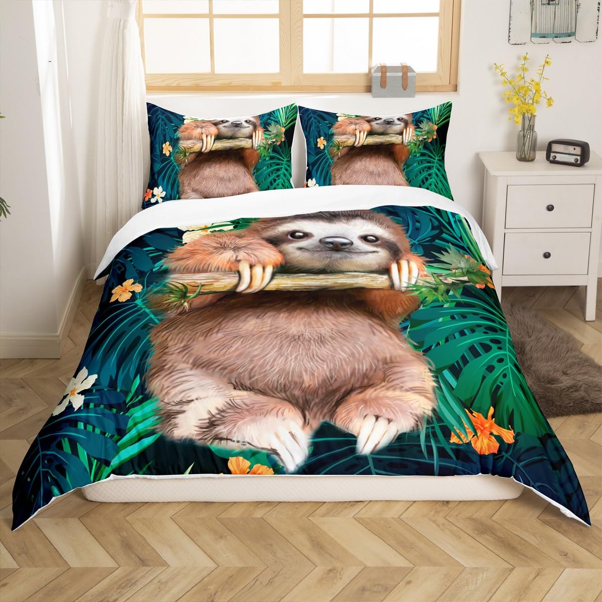 Kids Cute Sloth Bedding Set Cartoon Animal Comforter Cover for Boys Girls Funny Lazy Sloth Tropical Leaves Floral Print Duvet Cover Nature Themed Bedspread Room Decor Quilt Cover Junior/Cot Bed - Image 2