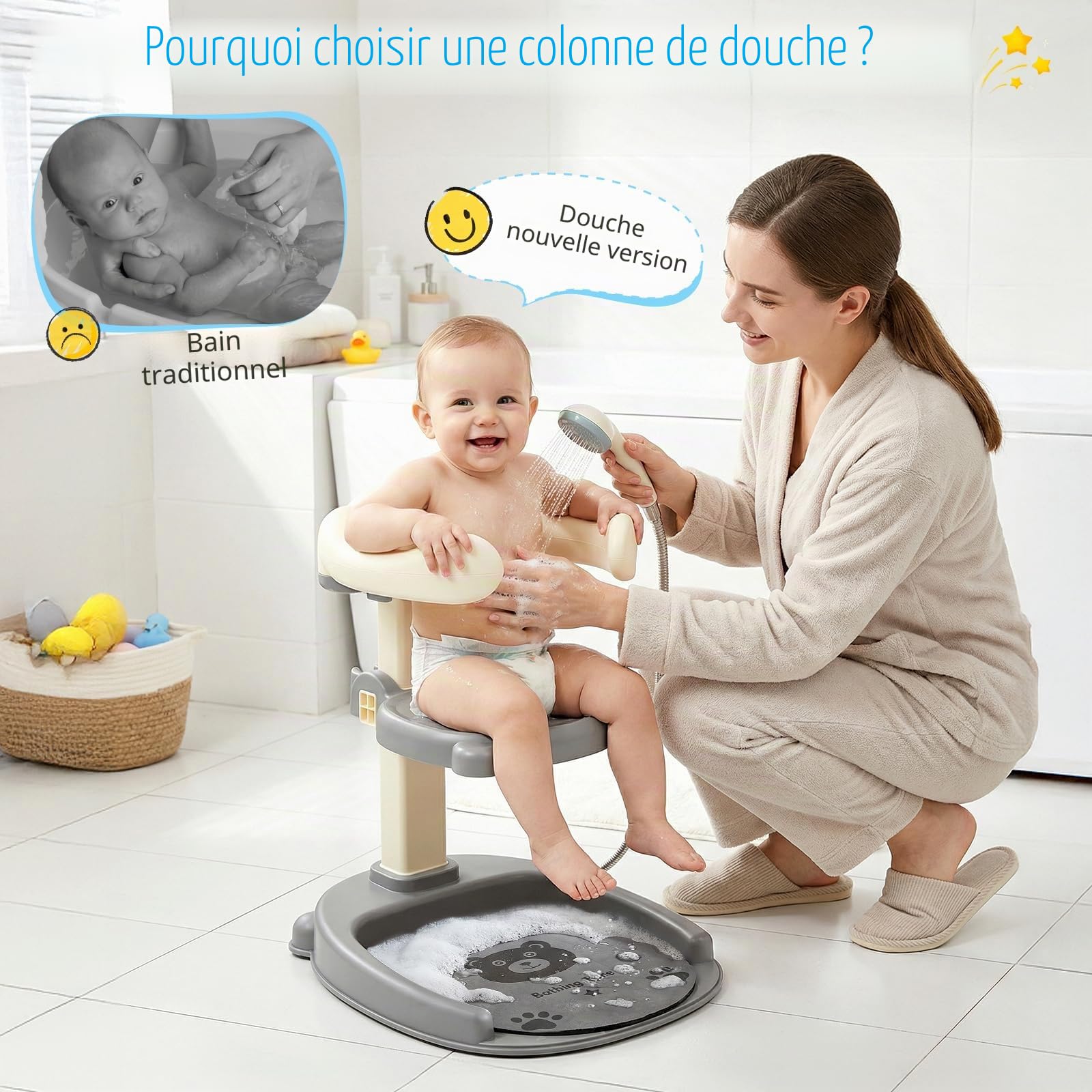 2 En 1 Baby Shower Stand Bath,Support Baignoire Bébé Antidérapante,Avec Support De Pomme De Douche,Réglable En Hauteur,Support De Douche Pour Les Tout-Petits De 8 À 36 Mois