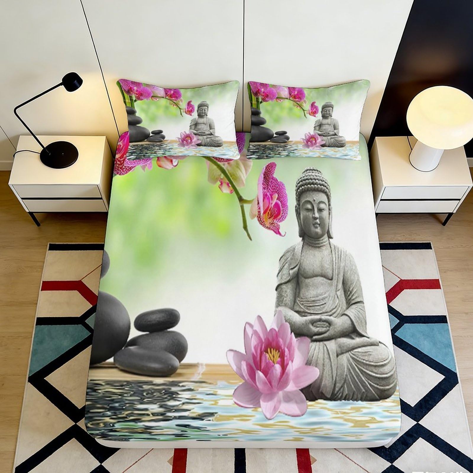 3D Printed Buddha Zen Lotus Fitted Sheet Microfiber Soft Decor Meditation Stones Bed Cover for Bedroom Guest Room Dorm 120x200x25cm