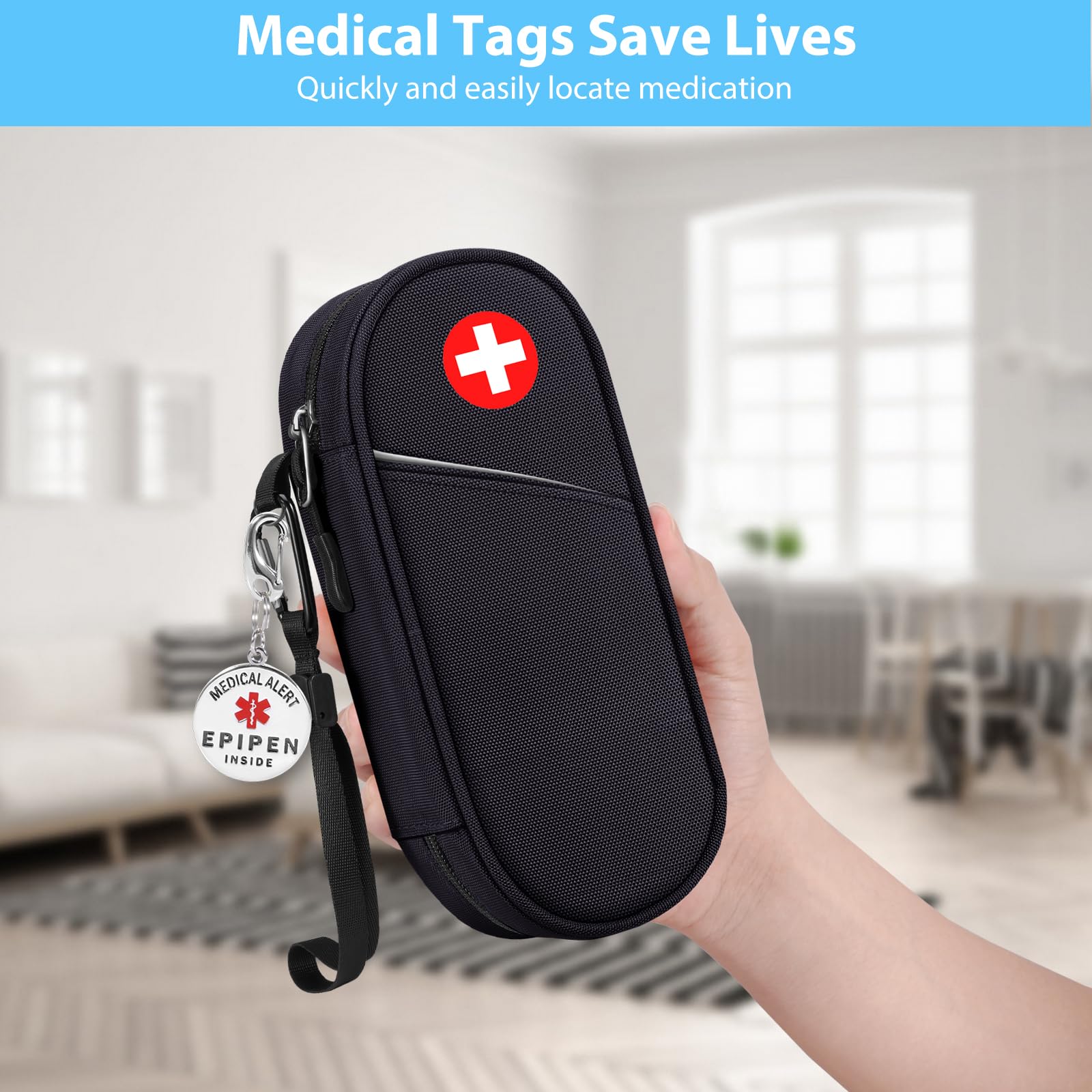 SITHON Sac à Médicaments avec EPIPEN Inside Étiquette d'alerte, Vide Trousse à Pharmacie Organisateur de médicaments Isotherme Portable pour 2 EpiPen pour Voyage l'extérieur (Noir)