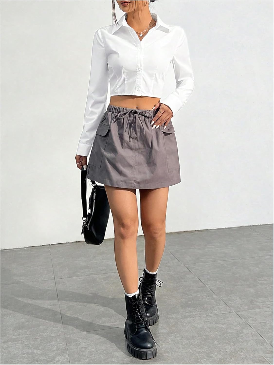 SweatyRocks Women's Solid Crop Button Up Shirt Collared Long Sleeve Fitted Blouses Tops - Image 6