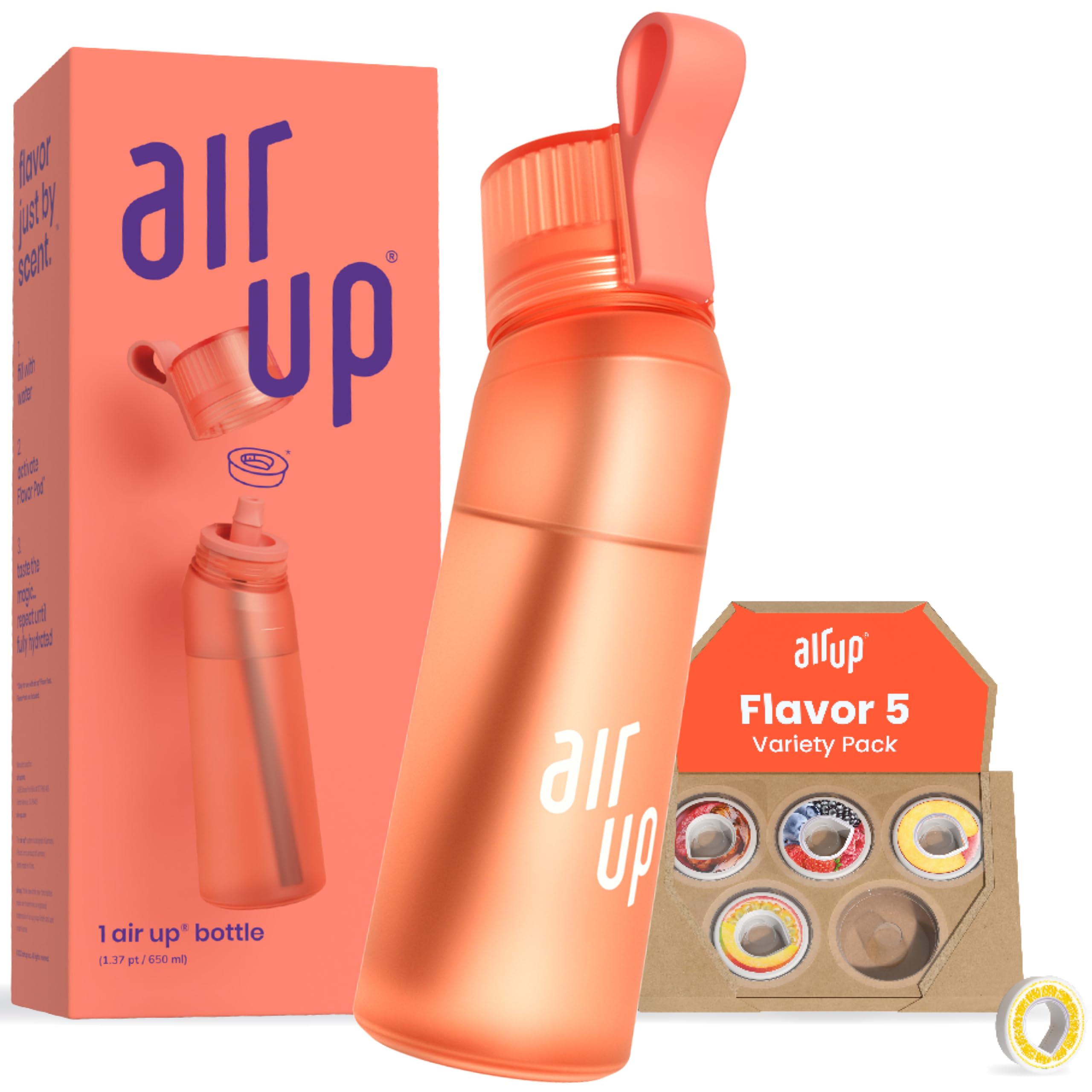 AIR UPwater bottle (22 oz) for school, sports, gym | includes 5 scent pods & straw | flavored bottle in orange – also for kids, boys, girls | no calories, sugar-free and suitable for carbonation
