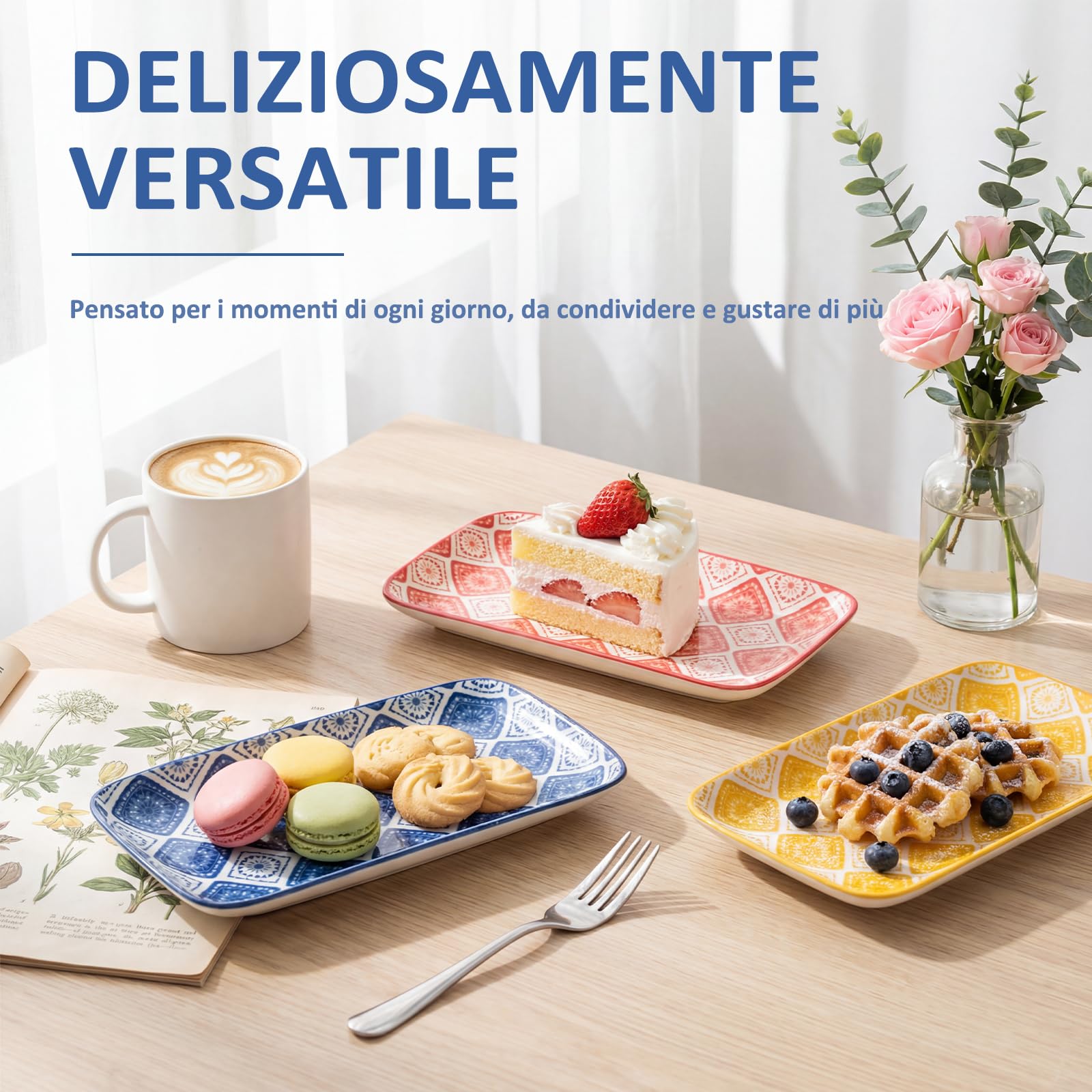 Piatti Servizio Ceramica Piatto Rettangolari - Set Piatti Colorati Design Porcellana - Piccoli Piatti Dessert | Sushi | Aperitivo | Dolce - Adatto per Microonde e Lavastoviglie - 20 x 11 cm - Set da 6
