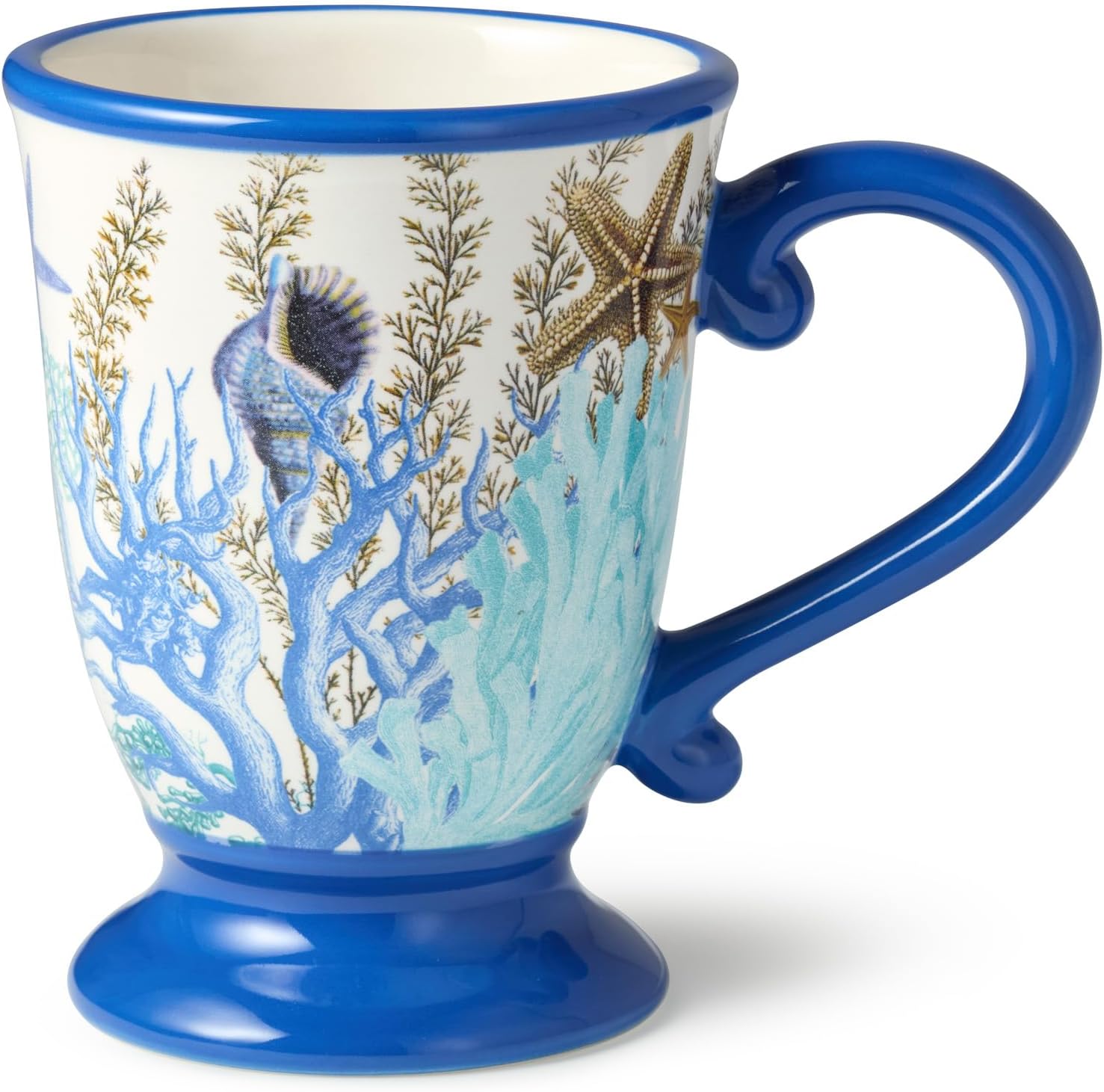 Blue Lagoon Set of 4 Ceramic Mugs – 14 oz Coastal Coffee Cups with Coral White and Ocean Blue Design, Perfect for Hot Drinks, Tea, and Cocoa – Durable and Stylish Coastal-Inspired Pedestal Mugs