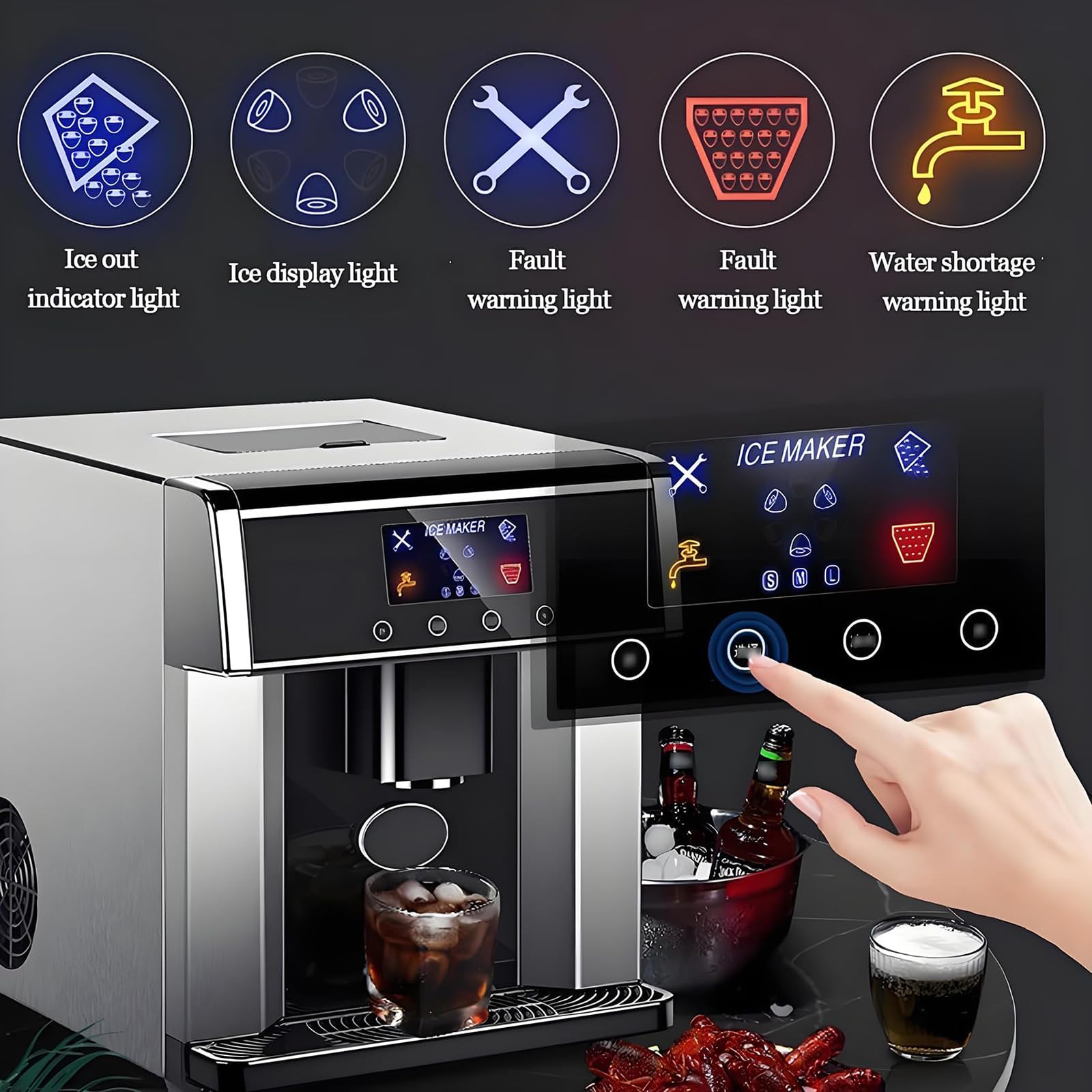 Macchina Fabbricatore di Ghiaccio 2 in 1 da Banco, Fabbricatore Commerciale di Cubetti di Ghiaccio Trasparenti, 15 Kg/24h, 3 Formati di Ghiaccio A Pallottola, 2 Metodi di Ingresso dell'Acqua