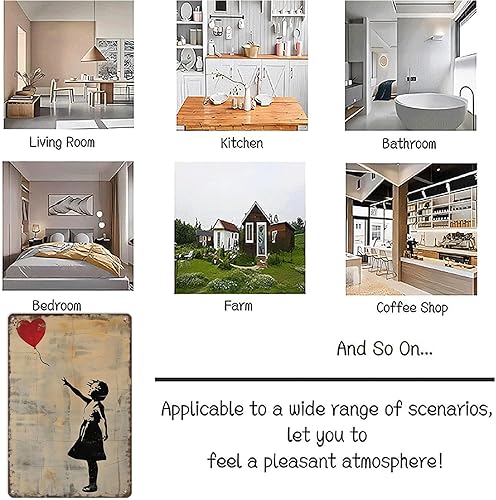 Miniatura 7 de Banksy Girl - Cartel de metal con diseño vintage de paisaje de ciudad, letrero de lata de viaje retro para hombre, cueva, bar, garaje, habitación,