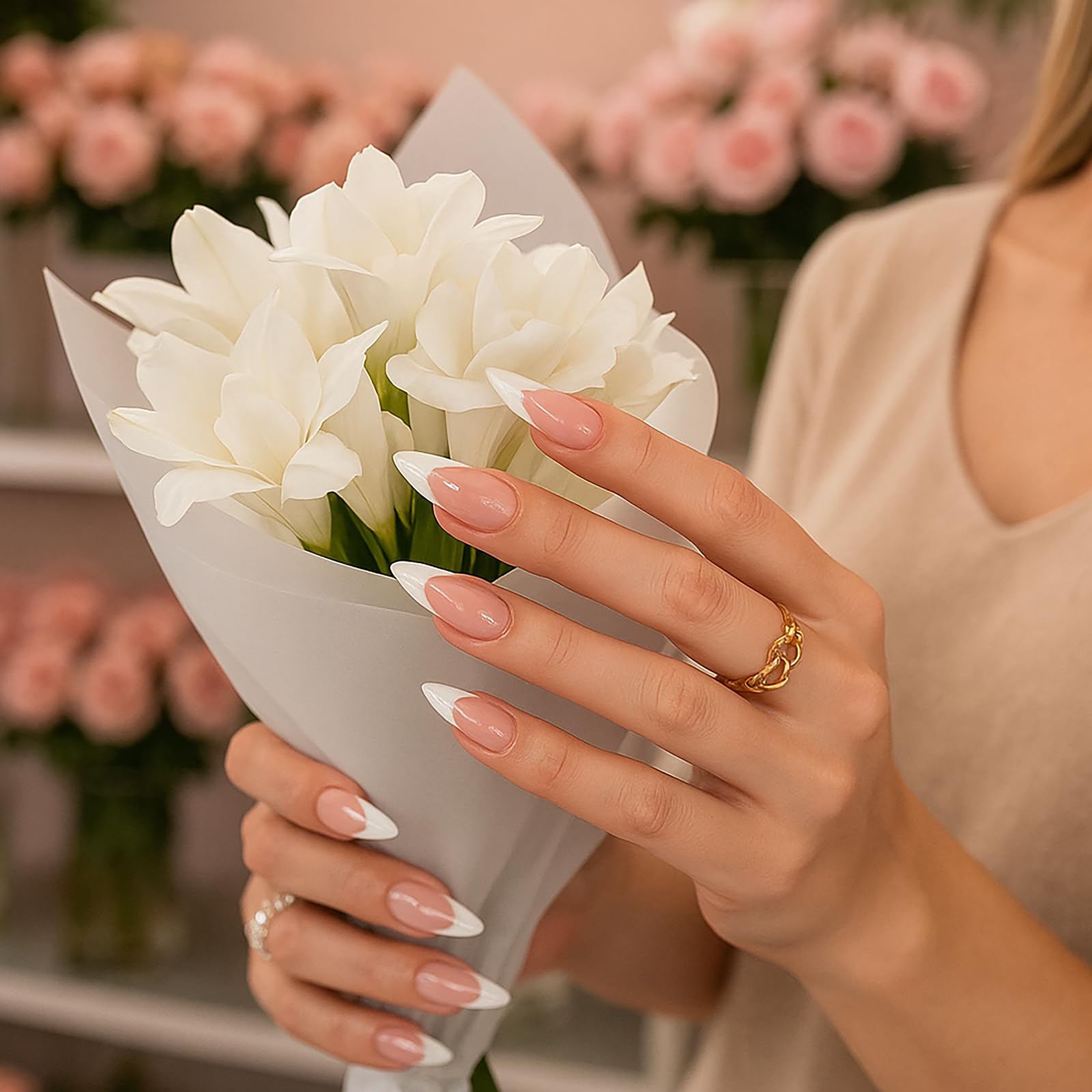 French Pink Almond Press On Nails with White French Tip - Image 3