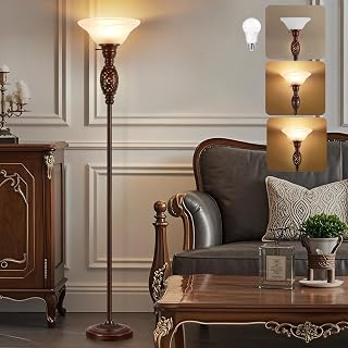 70" Torchiere Floor Lamp with NightLight - Victorian Style Standing Lamp for Living Room, Bedroom, Office - Retro Floor Lamps with Rotary Switch & Etched Glass Shade, Home Decor, Bulb Included