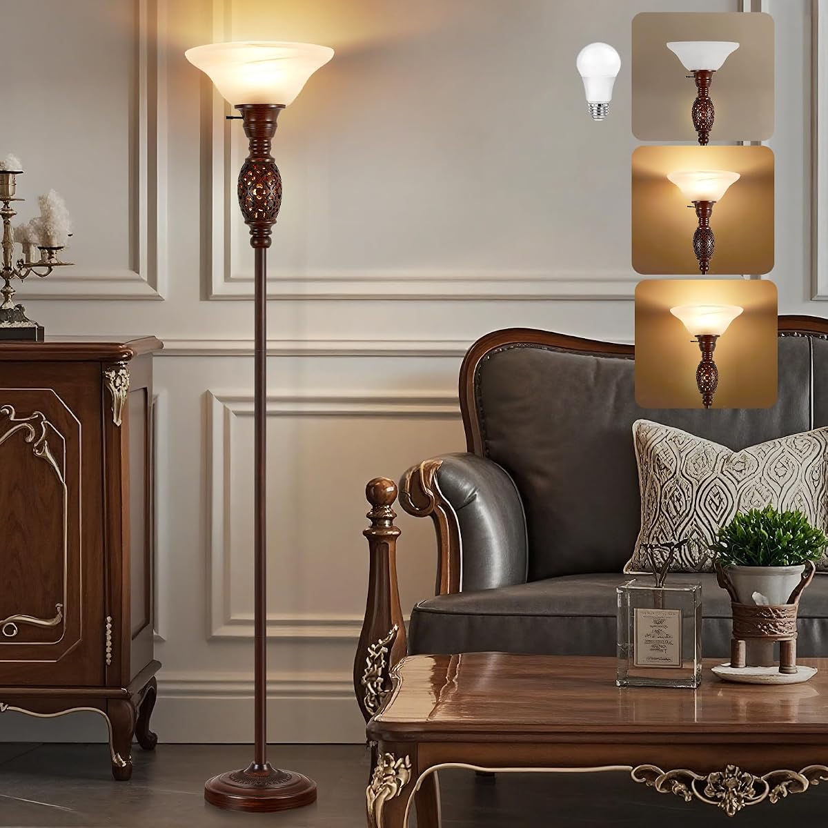 70 Torchiere Floor Lamp with NightLight - Victorian Style Standing Lamp for