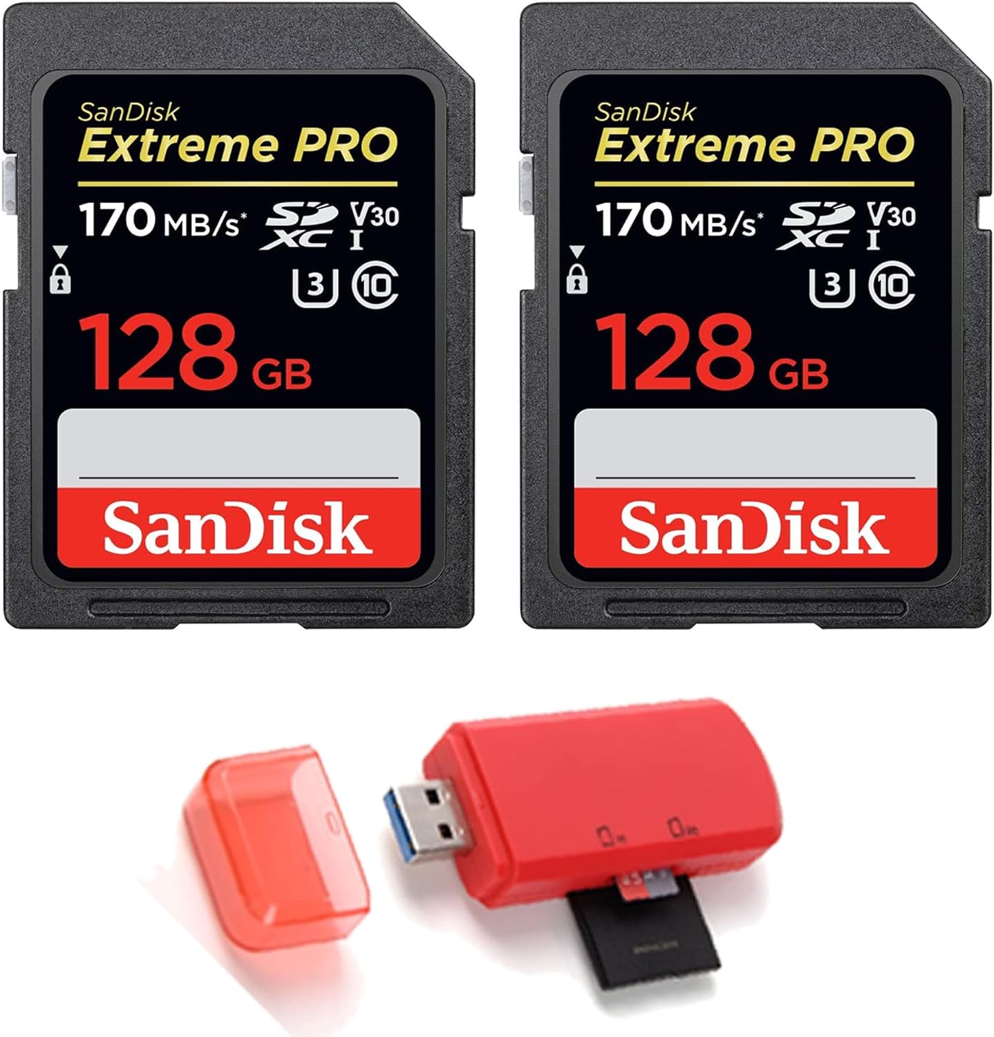 Sandisk 128GB SecureDigital Extreme PRO SDXC UHS-I Card C10,U3,V30 170MB/s - Pack of 2 - with Memory Card Reader