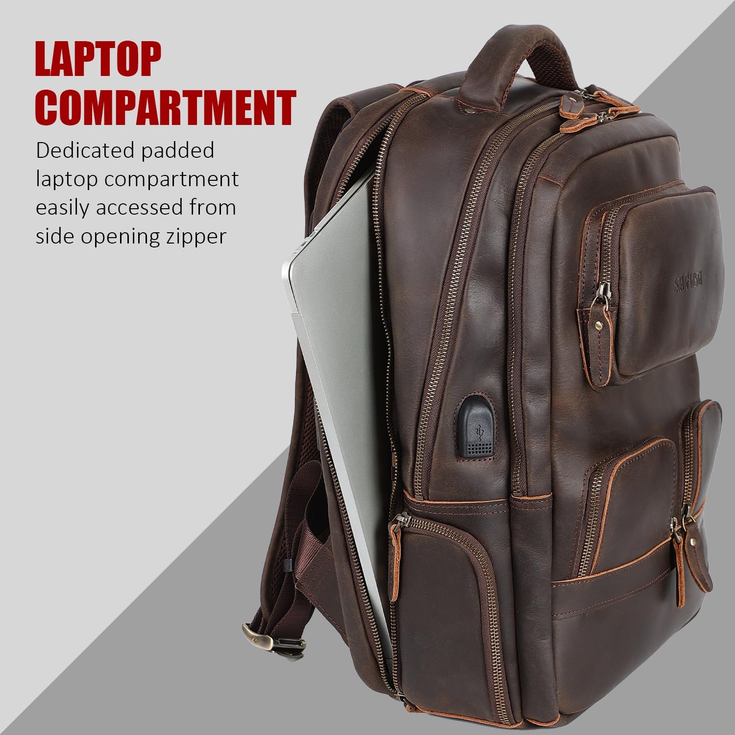 STAR VISTA 15.6" Raphael Vintage Full Grain Leather Laptop Backpack for Men, Multi Pockets, Casual Outdoor Business Travel Rucksack, YKK Zippers, Dark Brown