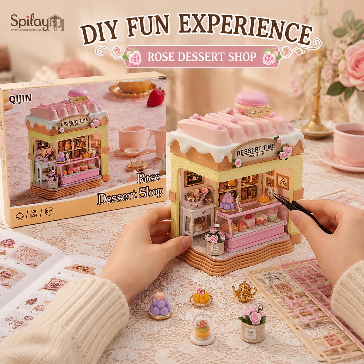 Spilay Miniatur Haus, Rose Dessert Shop DIY Miniature House mit LED-Licht, 3D Holz Puppenhaus Bastelset zum Entspannen & als Deko - Kreatives Geschenk (Weihnachten, Valentinstag, Geburtstag)