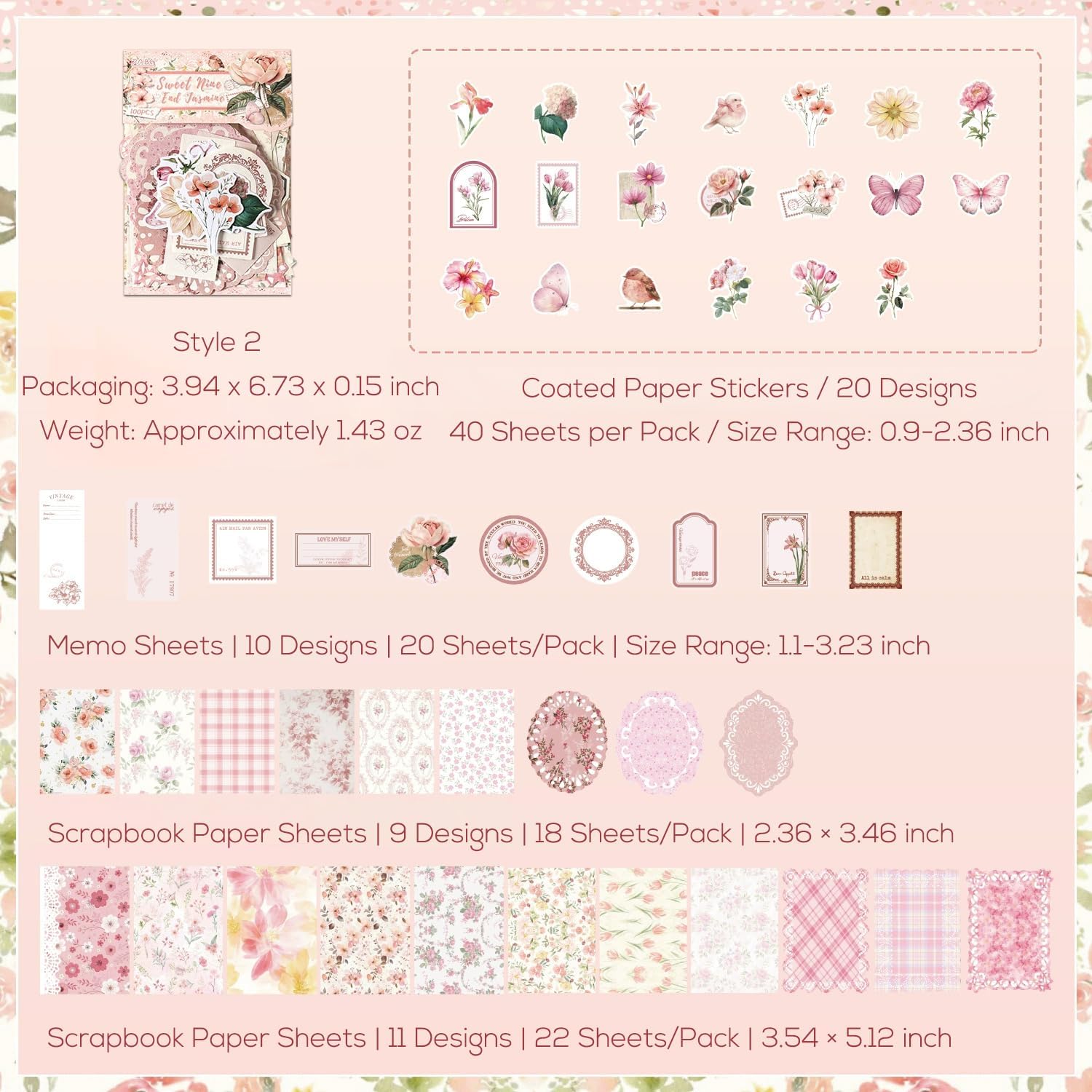 Arcemain 400 Sheets Vintage Floral Scrapbook Supplies, Vintage Floral Journaling Supplies for Journaling and Scrapbook Supplies