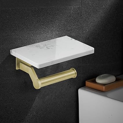 Hoimpro Brushed Gold Stainless Steel Toilet Paper Holder with White Natural Marble Shelf, Wall Mounted Tissue Hand Paper Roll Storage Holder for Bathroom Kitchen Washroom Bedroom