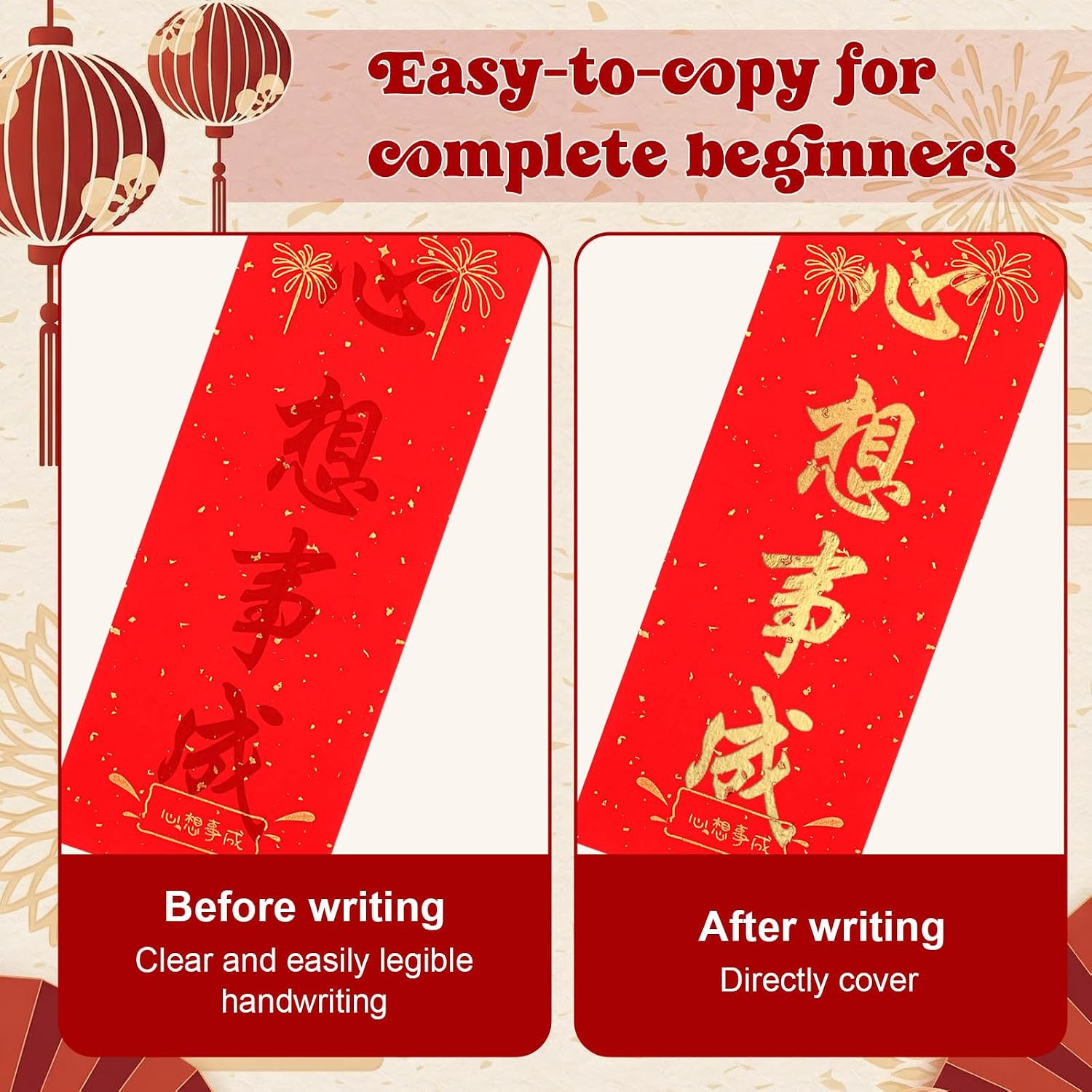 YooNotee 34 Pcs Chinese New Year Decorations Set, Traditional Traceable Red Lunar Festival Couplets, Dou Fang Xuan Paper, 2 Sizes Calligraphy Writing Brush, Hanging Ornaments for 2026 New Year Decor