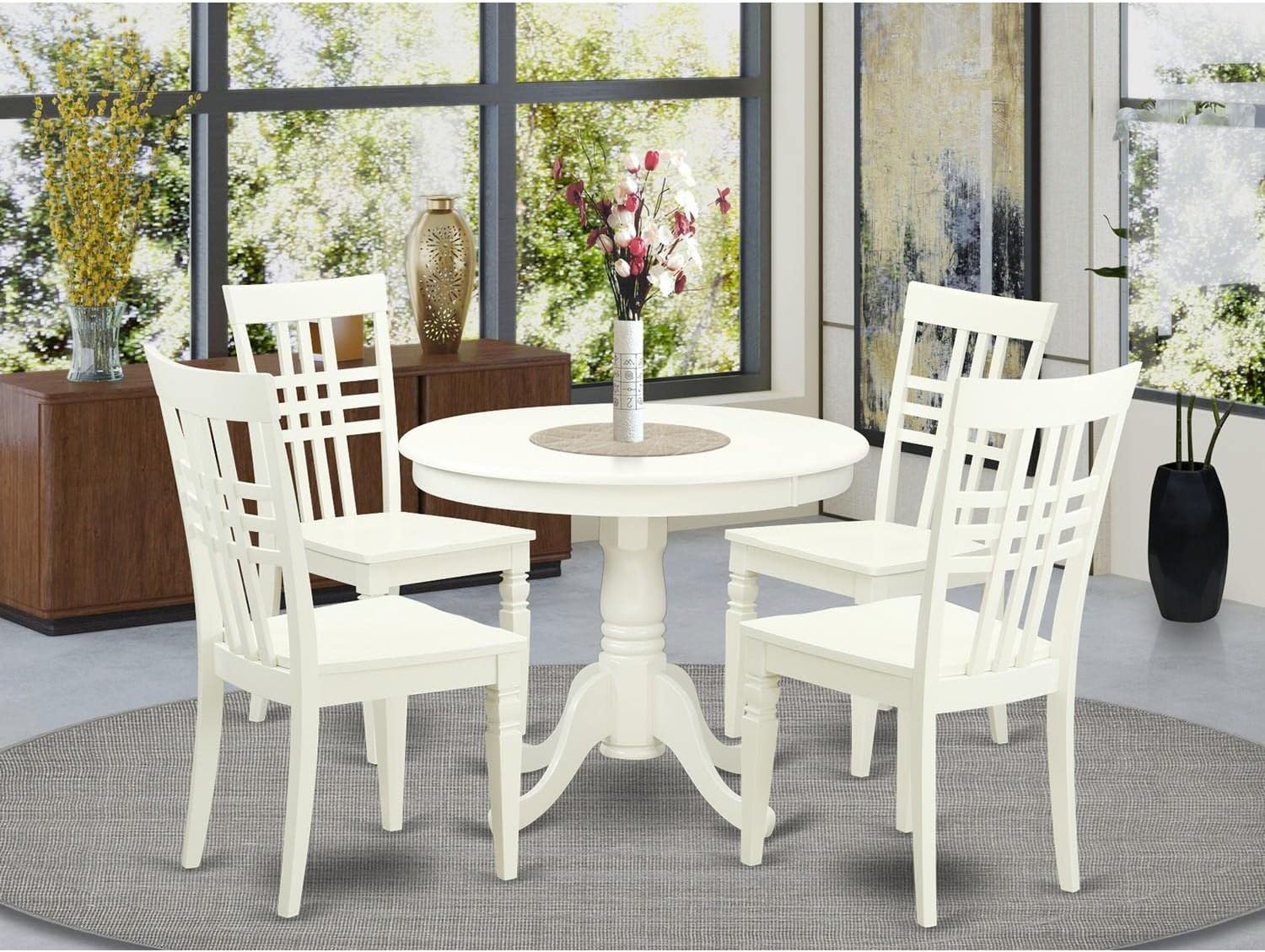 East West Furniture ANLG5-LWH-W 5 Piece Dining Table Set for 4 Includes a Round Kitchen Table with Pedestal and 4 Kitchen Dining Chairs, 36x36 Inch, Linen White image 6 of 6 B06XHW1VH7
