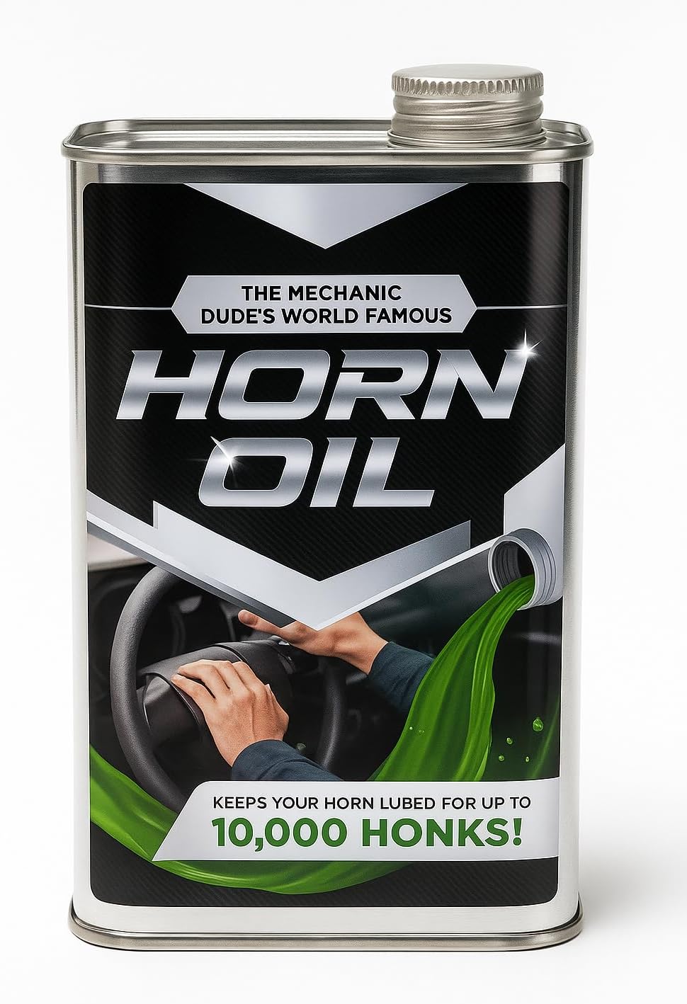 Horn Oil Gag Gift - Empty 32oz Steel Tin - Funny Car Mechanic Prank Can - Hilarious Joke Gift for Adults - White Elephant, Stocking Stuffer, Office Party Humor