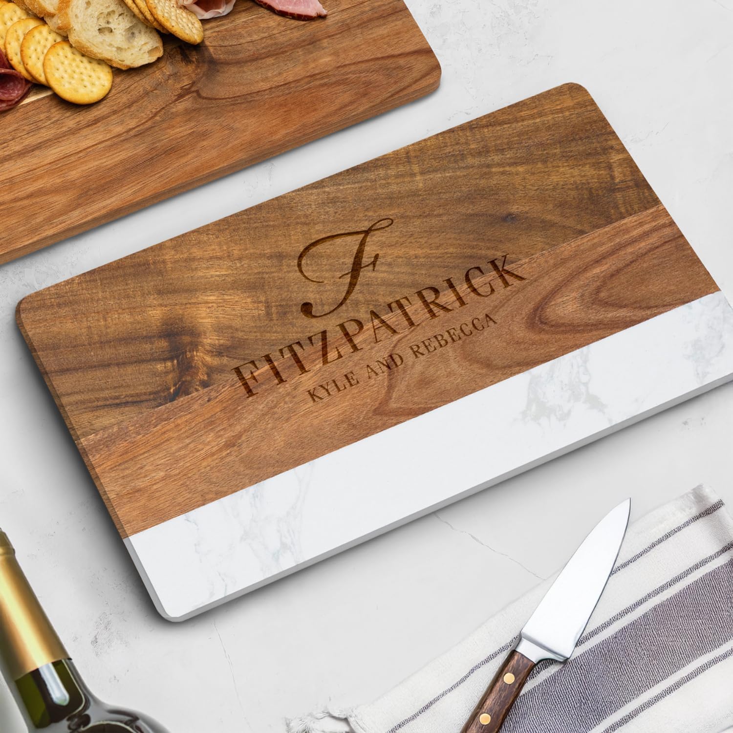 HomeWetBar Personalized Acacia Charcuterie Board | Custom 16 x 9 x 1/2 inch White Marble & Acacia Wood Cheese Board | Perfect Housewarming + Wedding + Couples Gift Idea