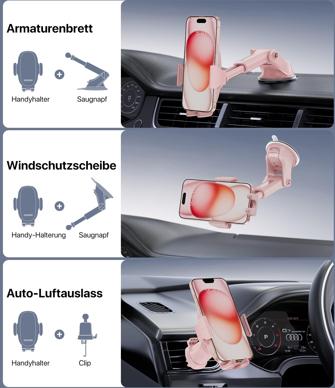 Miracase Handyhalterung Auto Universal [Starker Saugnapf und Metallhaken] kfz Handy Halterung lüftung Armaturenbrett Windschutzscheibe Handyhalter für iPhone Galaxy Alle Smartphone Rosa