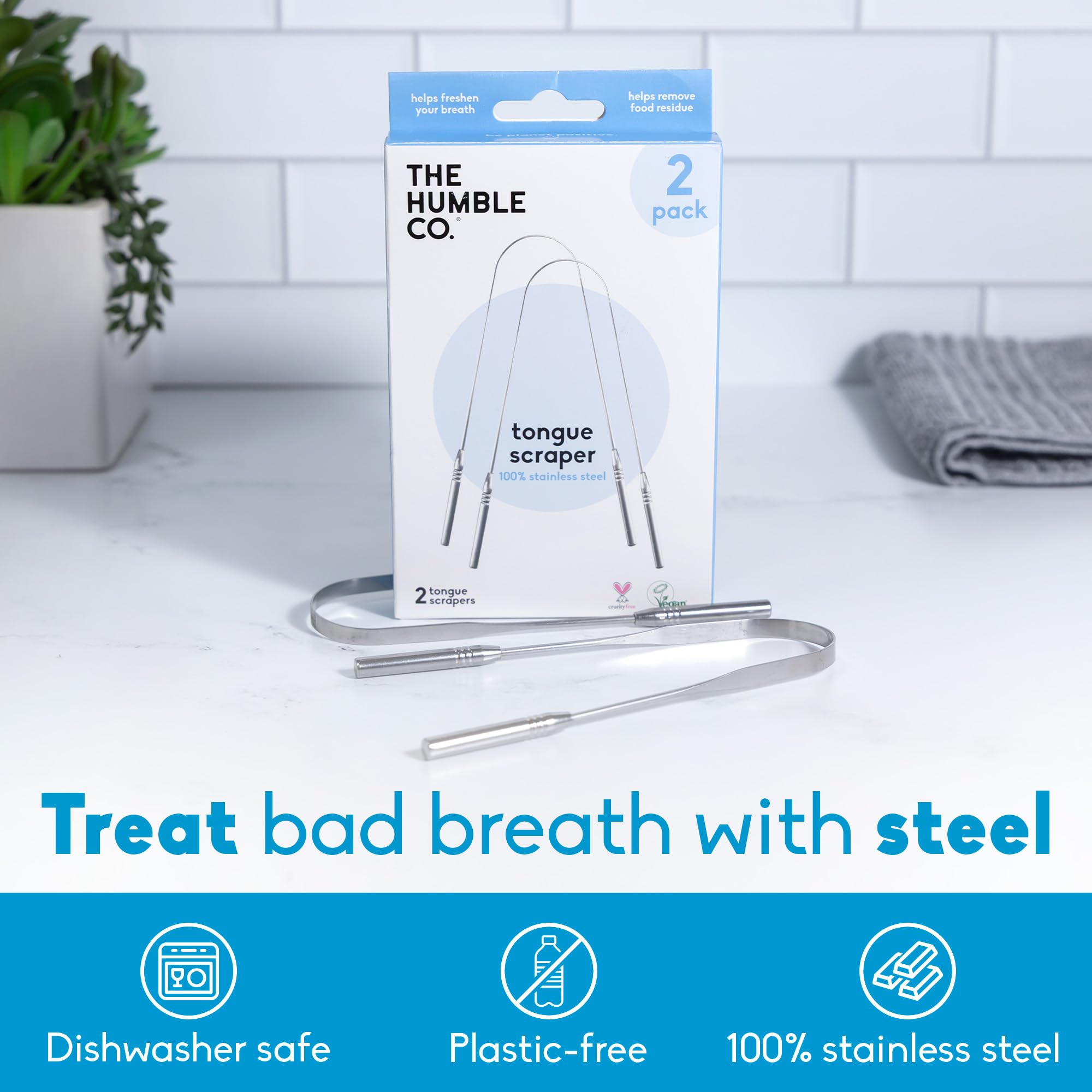 The Humble Co. Gratte-langue – 100 % acier inoxydable, pour un soin bucco-dentaire, un nettoyage de langue supérieur, aide à éliminer la mauvaise haleine, sans BPA (lot de 2)