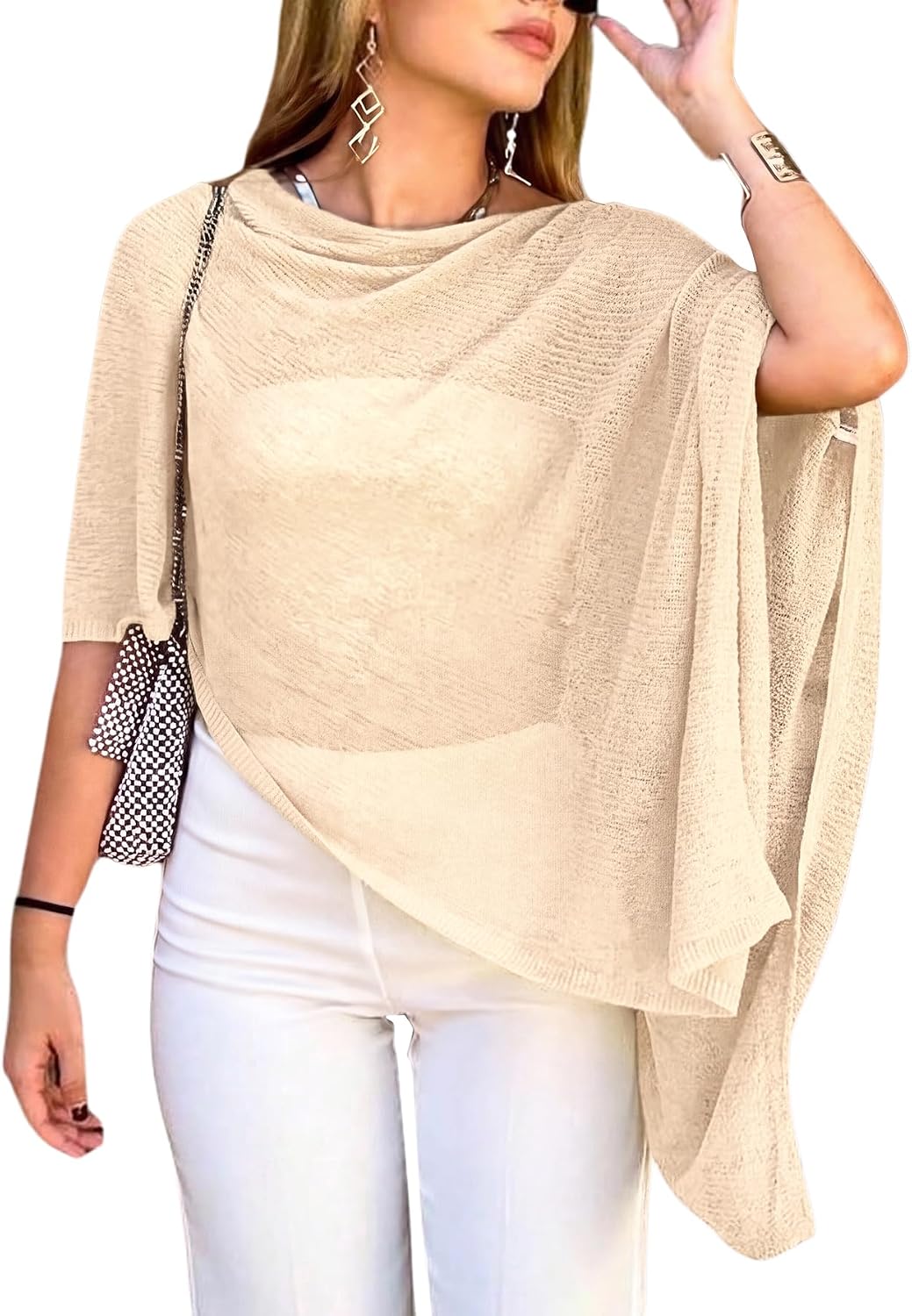 SHENHE Women's Plus Size Sheer Poncho Shrug Top Lightweight Knit Sweater