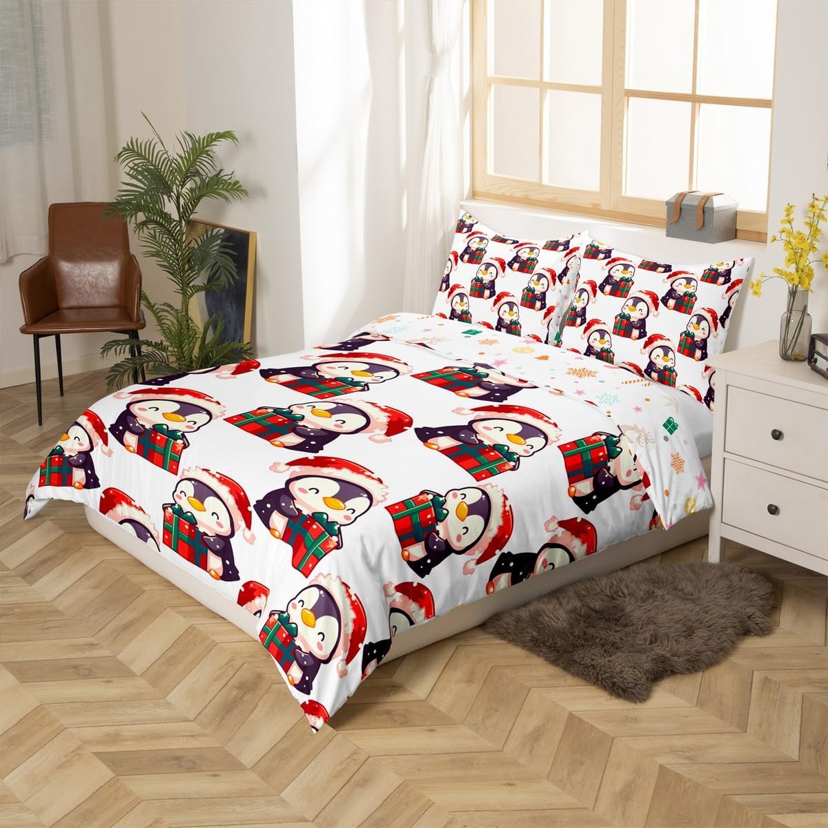 Castle Fairy Merry Christmas Duvet Cover Set Toddler Size,Cartoon Penguin Bedding Set,Xmas Gift Quilt Cover for Kids,Comforter Cover(No Filler),2 Pcs