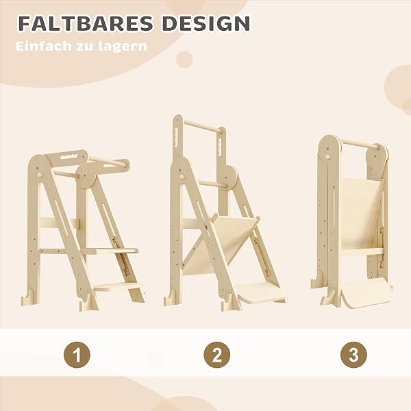 Klappbarer Toddler Tower Tritthocker, Höhenverstellbarer Kinderhocker mit Sicherheitsleiste & Rutschschutz, Kleinkind-Turm für Badezimmer & Wohnzimmer – Für Kinder ab 1,5 Jahren(Naturfarbe) - 4