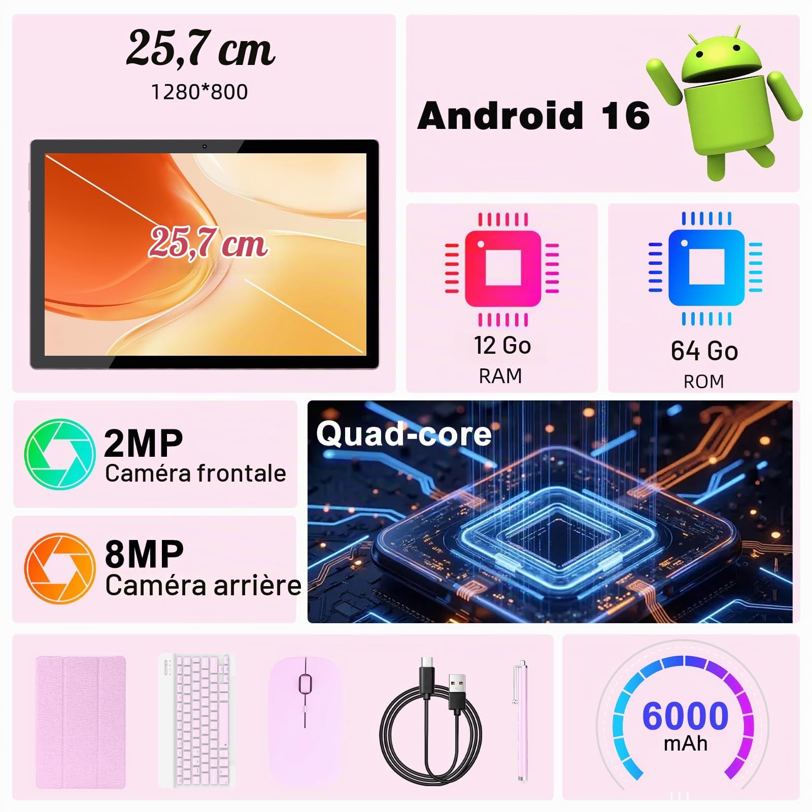 Tablette Android 15 10" 12 Go de RAM + 64 Go de ROM/ 2 To, écran tactile HD 1280 * 800, 5G WiFi6 BT 5.0, tablettes 2 en 1 avec étui clavier, souris, stylet rose