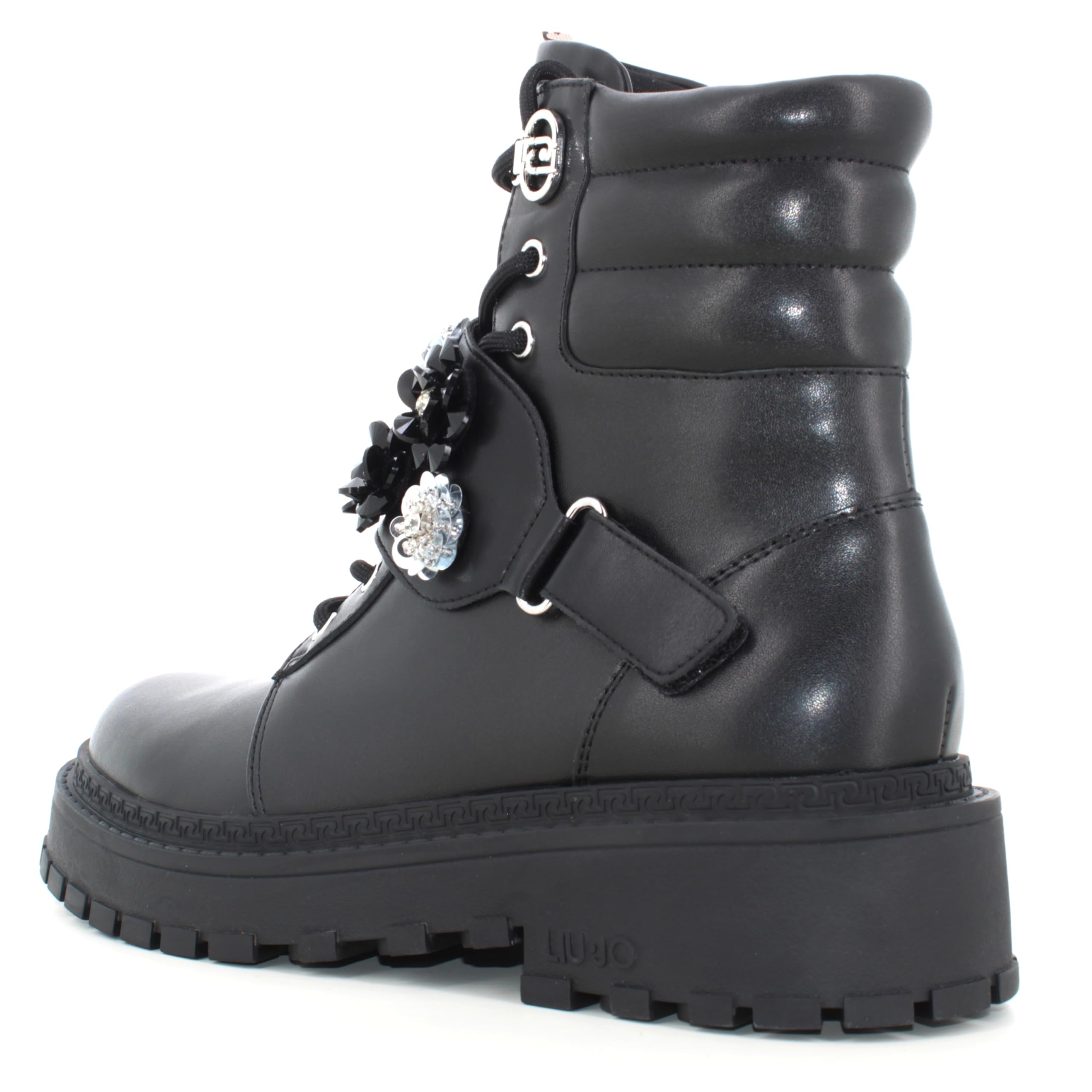 Liu Jo Botas Militares con Flores de Cristal, Negro, Cuero, Suela de Goma, Estilo Combat (Negro, Mediano, Sistema tallas calzado EU, Adulto, Números, mediano, 39)