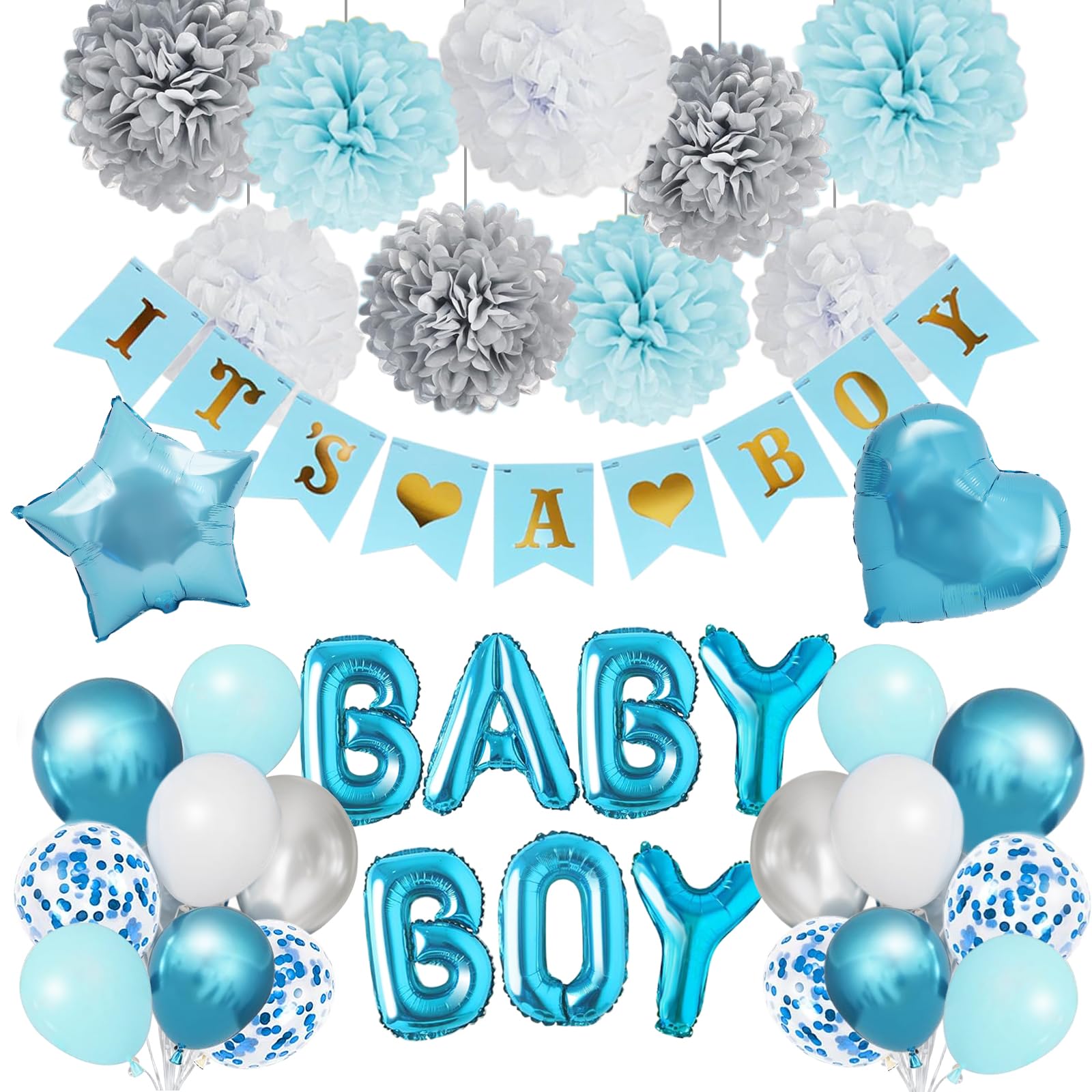 Baby Shower Decorations with Its a Boy Banner, Baby Boy Letter Metallic Blue Gray White Balloon Paper Pom Poms Blue Foil Balloons for Baby Shower Gender Reveal Party Supplies