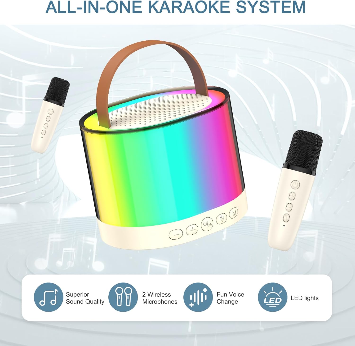 Mini Karaoke Machine for Kids, Portable Bluetooth Speaker with 2 Wireless Microphones and LED Color Lights, Karaoke Machine for Girls Boys Family Home Party Birthday - Image 2