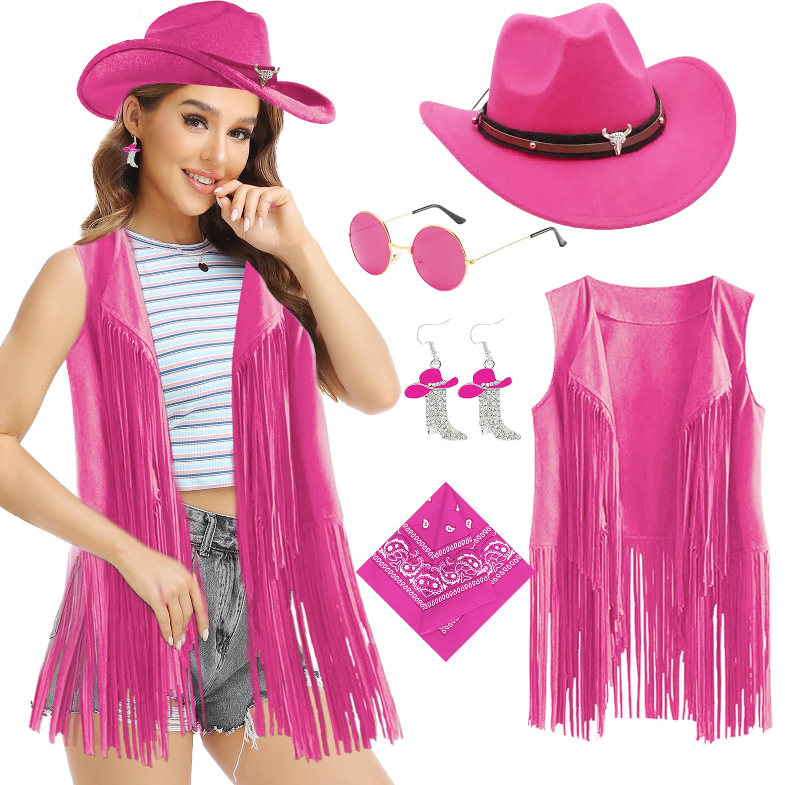 Dazzroi 5Pcs Western Cowgirl Accessories Set for Women, 70s Hippy Fancy Dress Kit with Cowboy Hat Tassel Vest Round Sunglasses Earrings Scarf, Retro Hippie Outfits for Hippie Theme Party Carnival