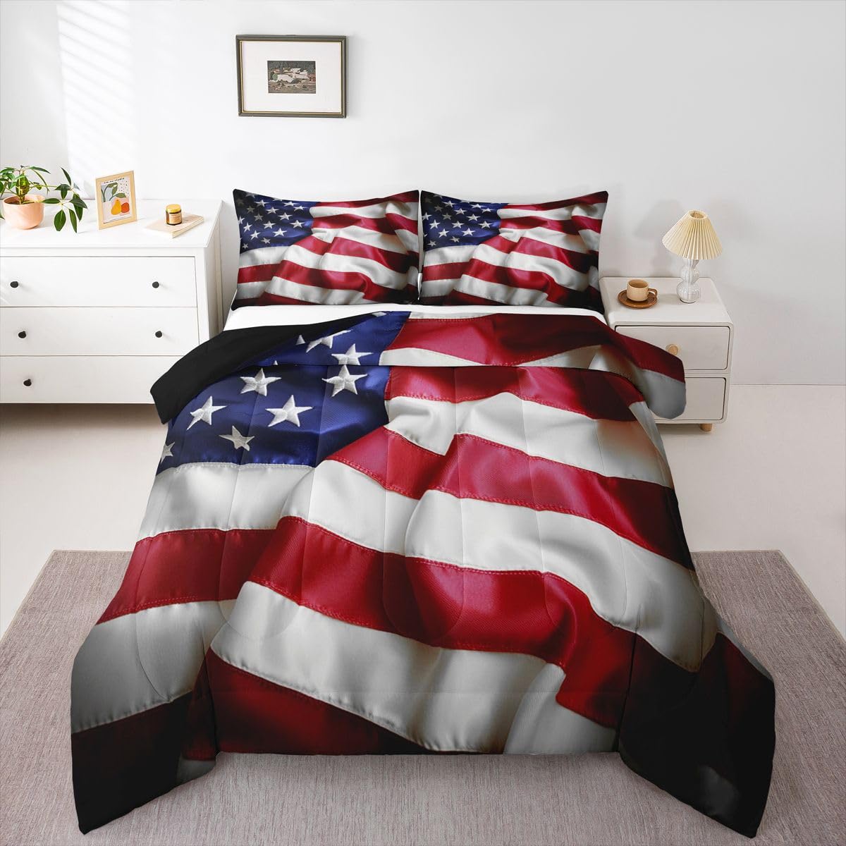 Erosebridal American Flag Comforter Set, United States Down Comforter Queen Size for Kids Boys Teens, USA Federations Stars Bedding Set Geometric