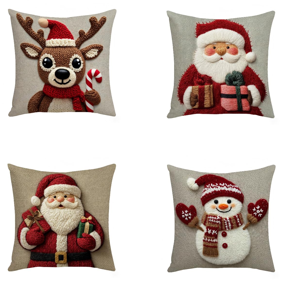 Kouamor 4Pcs 4 Styles Christmas Cushion Covers 45 X 45, Linen Xmas Pillow Cases, Santa Snowman Deer Throw Pillow Covers, Christmas Sofa Cushions, For Christma Decorations Home Party Bedroom Living Room (4Pcs)