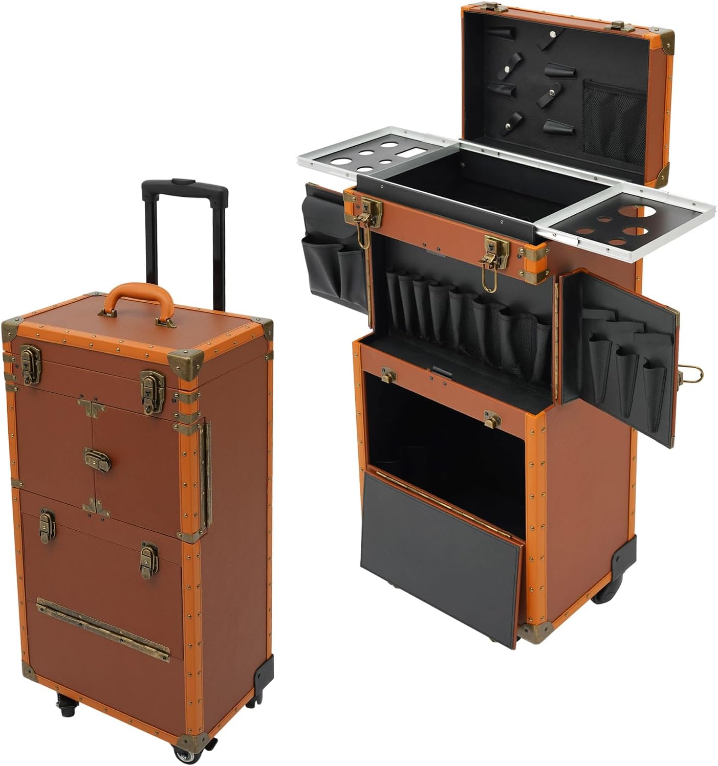 Lockable Makeup Train Case Rolling Hairdressing Trolley,Beauty Salon Cosmetic Luggage Trolley Cart with Wheels for Hairstylists & Makeup Artists (Coffee)