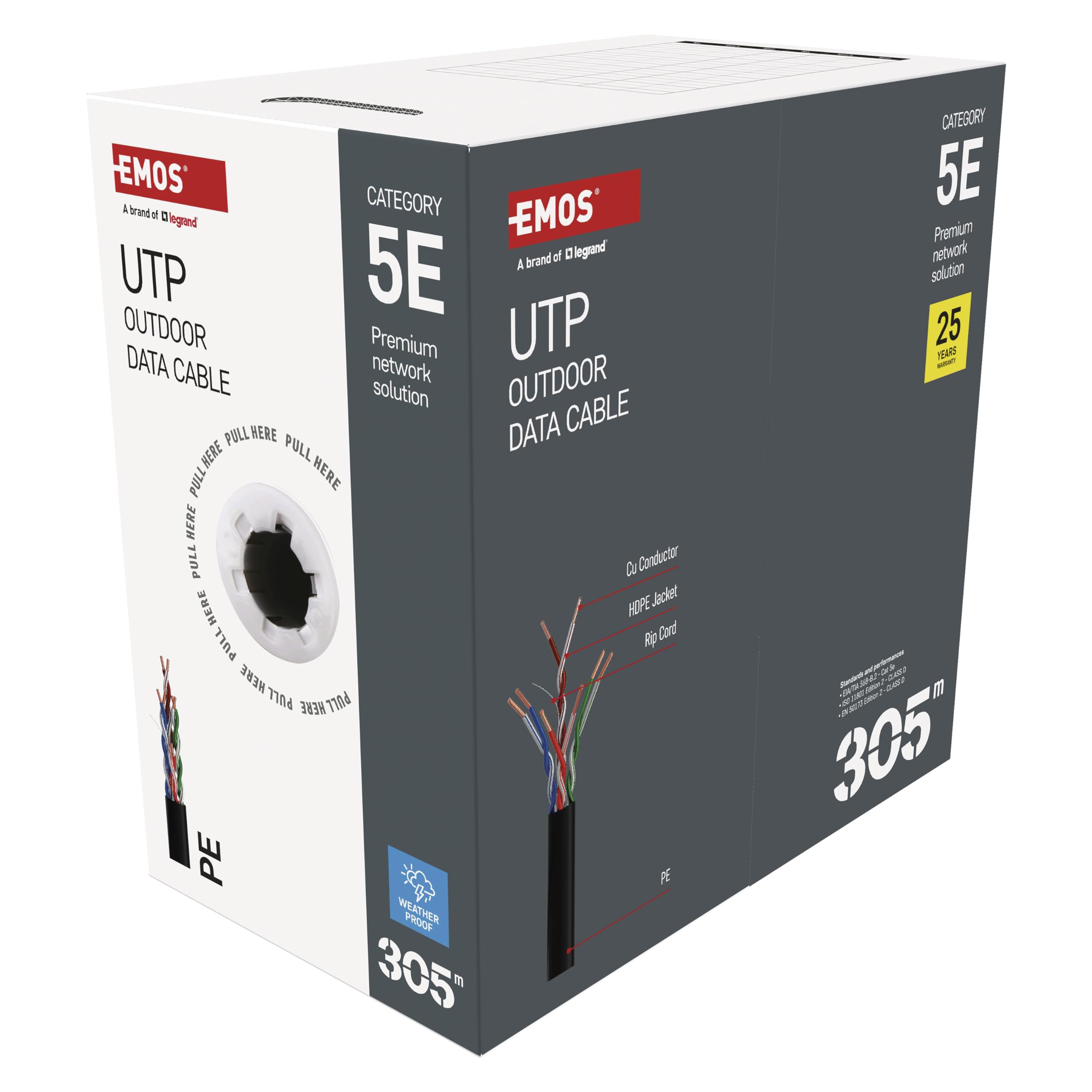EMOS - Câble réseau UTP CAT 5e, 305 m, PE - Câble patch CAT5e UTP - Câble Gigabit LAN - Câble Ethernet non blindé - Pour l'extérieur