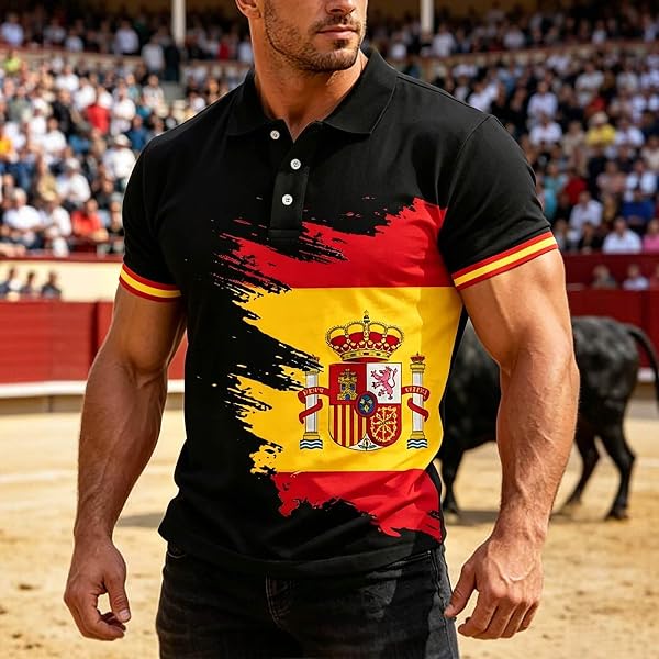 Polo Hombre Manga Corta Copa Mundial 2026, Polo Spagnolo Hombre Polos Verano Camiseta Futbol España Chandal Seleccion Española T-Shirt de La Bandera de España con Cuello de Botones Top Deportivo - 2