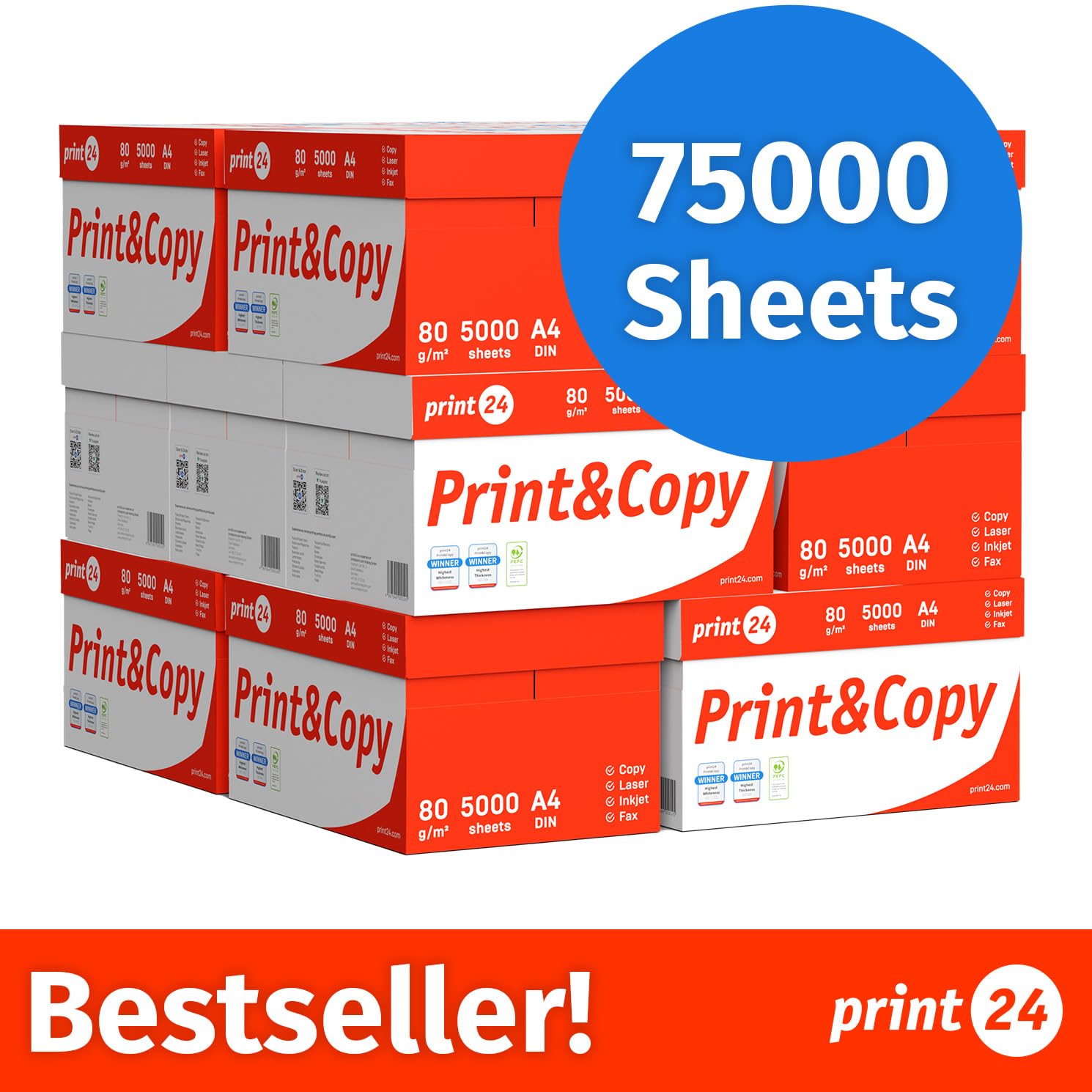 Druckerpapier Kopierpapier 75000 Blatt 150 x 500 A4 80g Premium Hochweiß CIE 160 PEFC zertifiziert