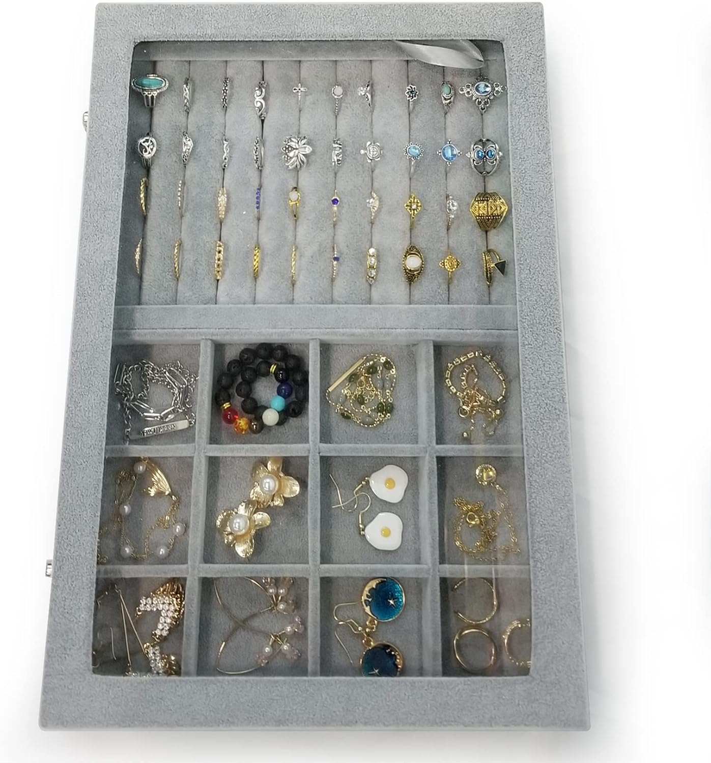 Ice Velvet Rings Organizer Box Mix 12 Grids Jewelry Tray Display Showcase with Clear Lid and Lock Grey