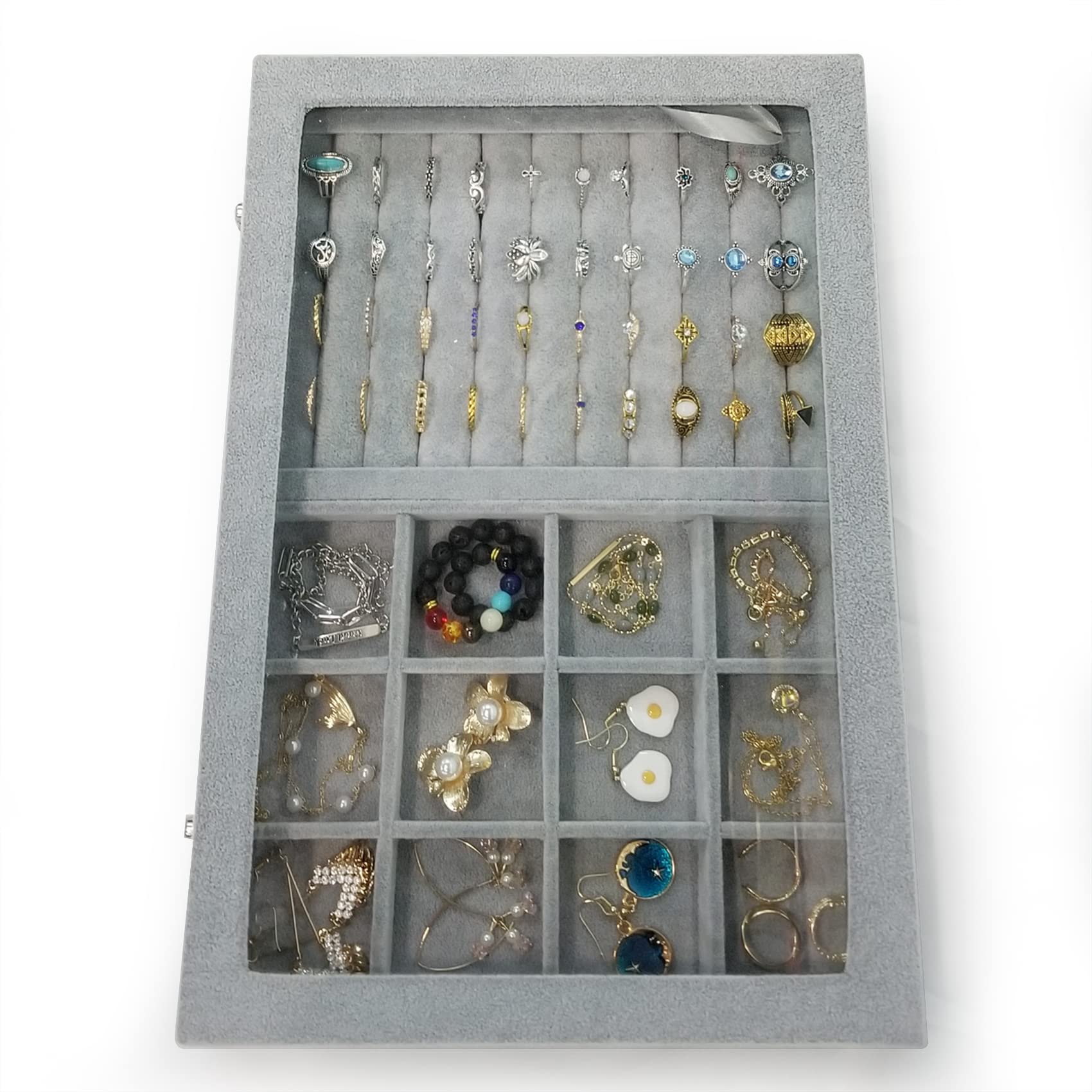 Caja organizadora de anillos de terciopelo de hielo, 12 rejillas, bandeja de joyería con tapa transparente y cerradura gris