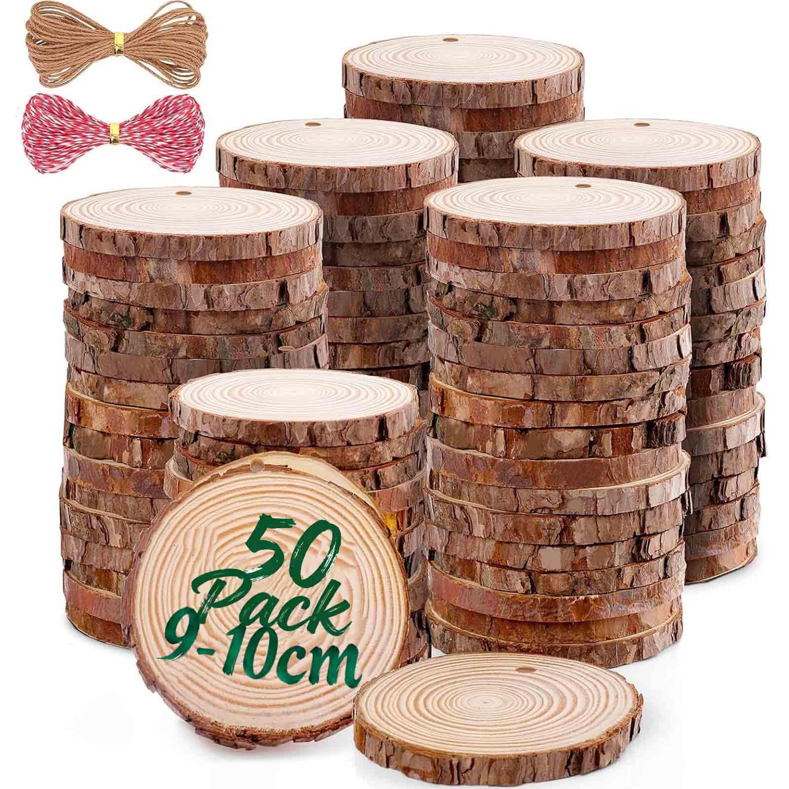 Dischi per albero non trattati, 50 pezzi, dischi di legno e corda di iuta naturale per fai da te, dischi di legno, centrotavola, decorazione natalizia (9-10 cm/50 pezzi)