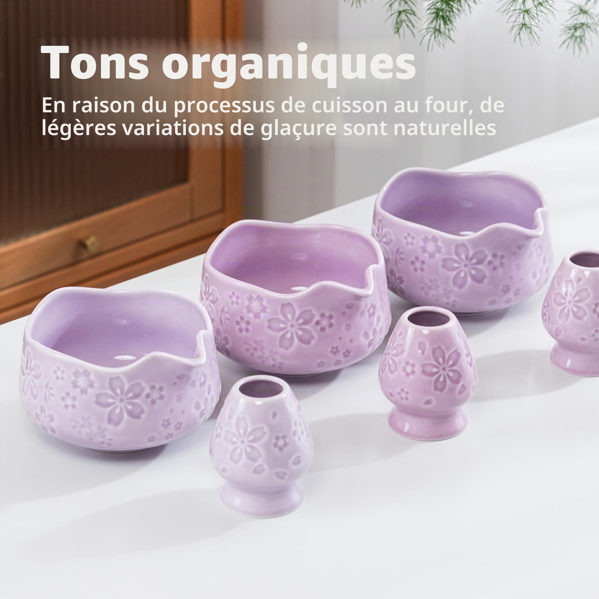 TEANAGOO Lot de 7 fouets à matcha violets avec motif fleurs de cerisier, kit complet de cérémonie, bol Chawan en céramique avec bec, fouet et accessoires, service à thé matcha traditionnel pour lattes